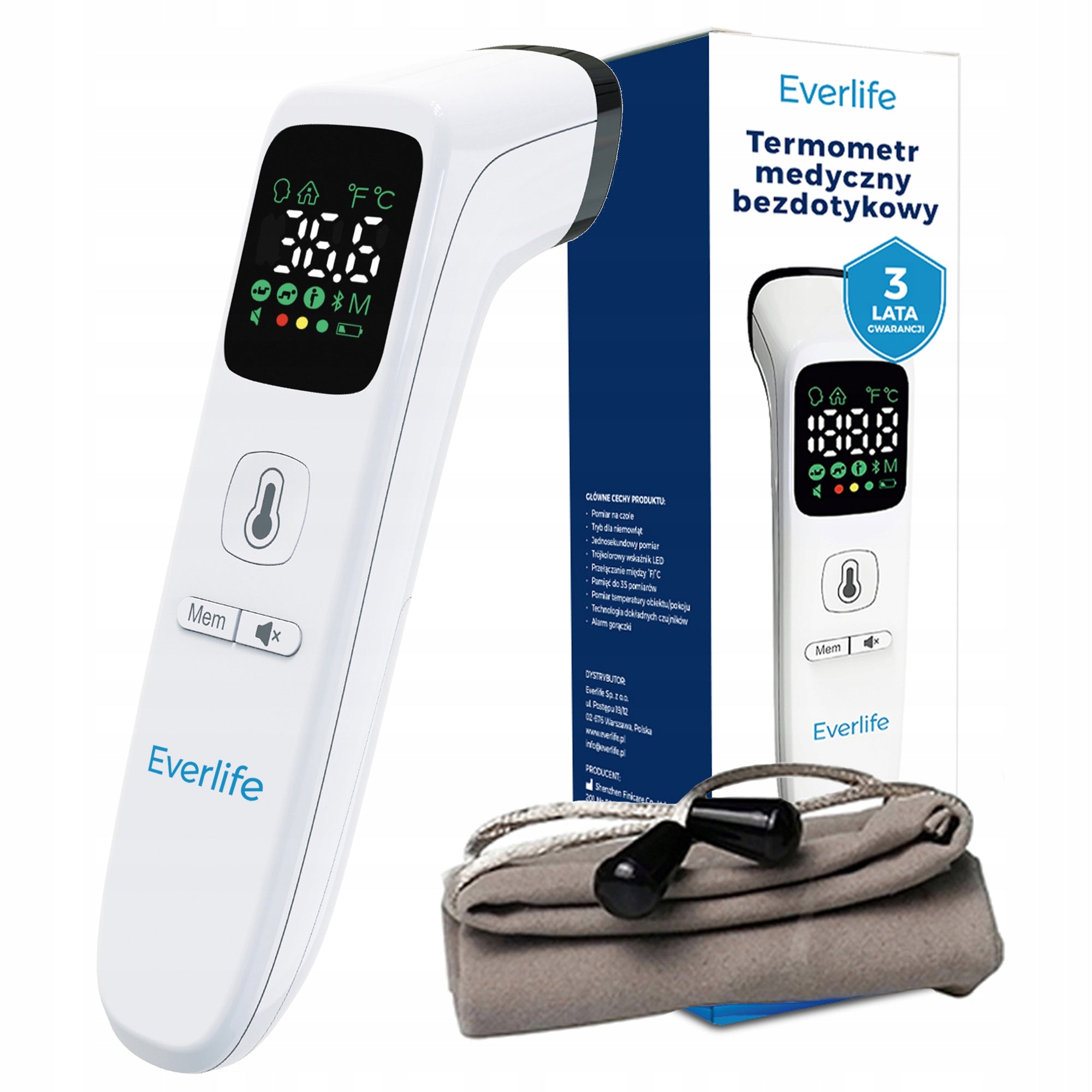 Non-Contact Thermometer Everlife Medical 1s Fever Alarm Case Batteries