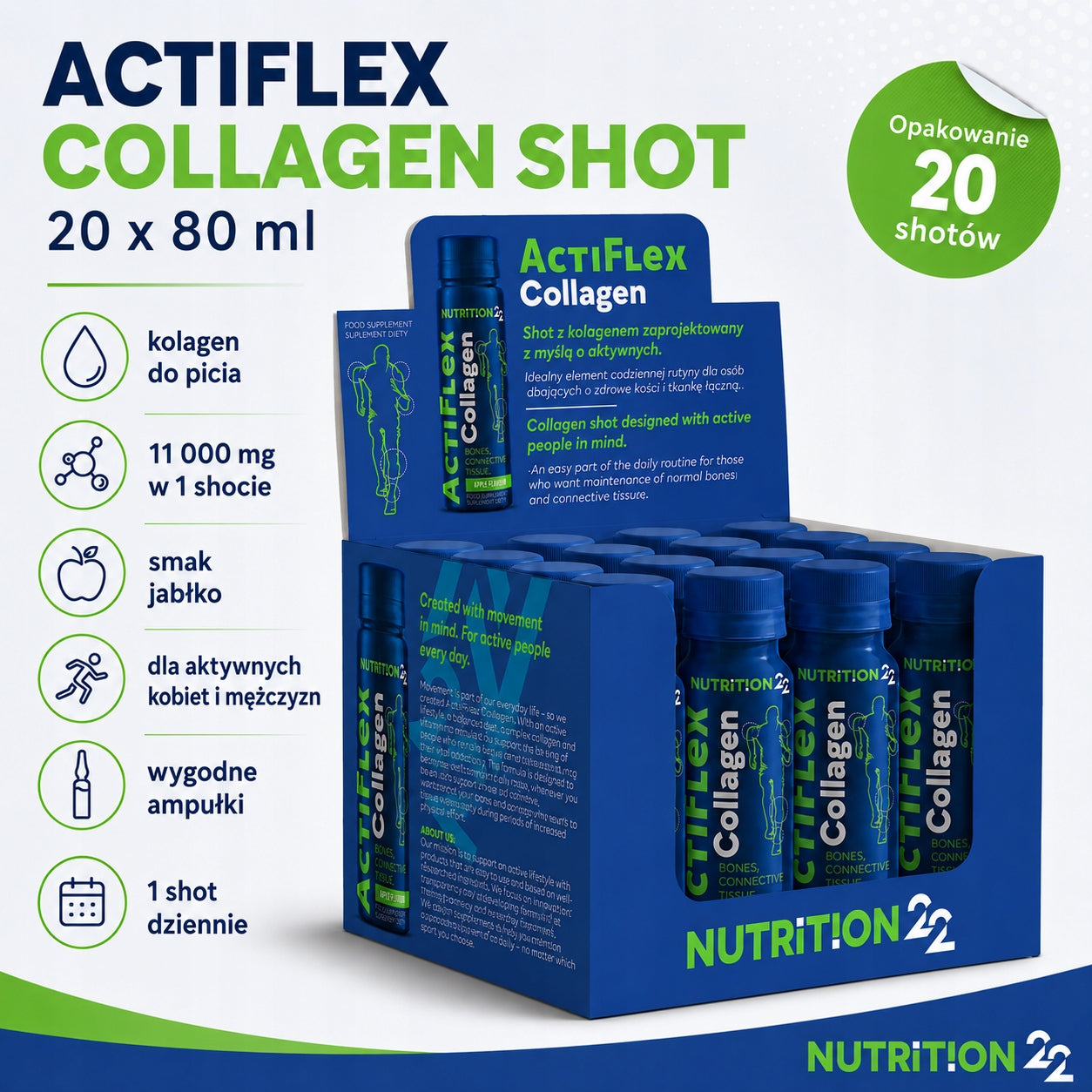 Nutrition22 ActiFlex Collagen 11,000mg Drinkable Collagen Shot 20x80ml Expiration date at least six months from the date of purchase