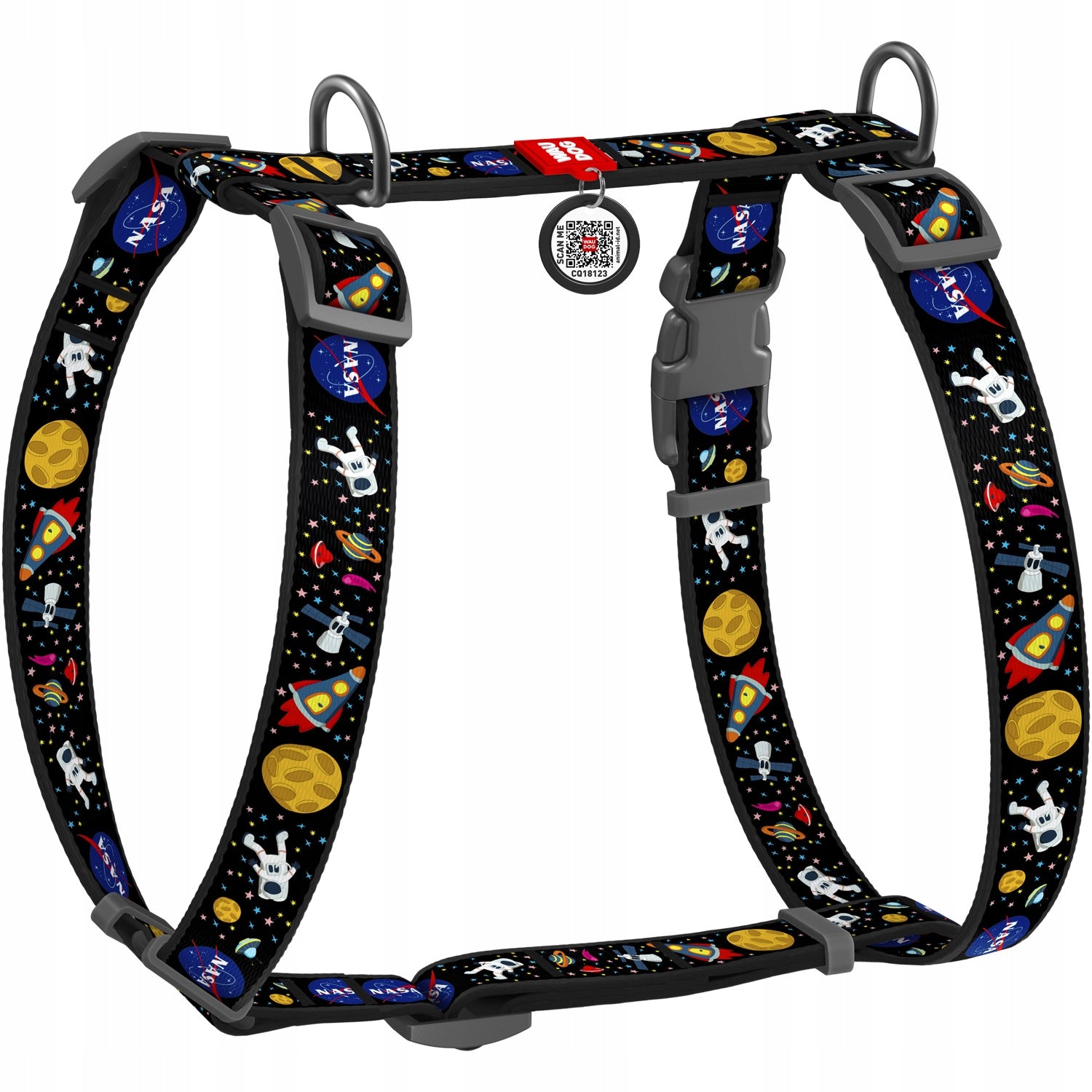 Nylon dog harness, anatomical, adjustable, with QR code, NASA, r. L Brand Waudog
