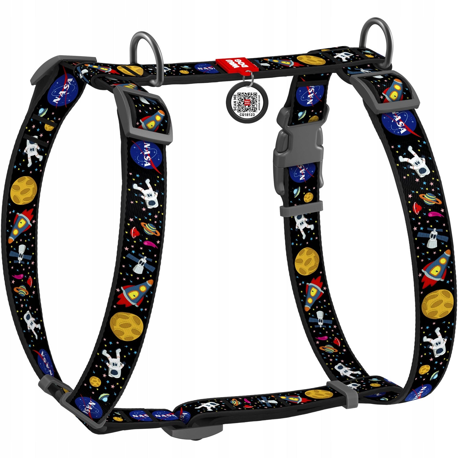 Nylon dog harness, anatomical, adjustable, with QR code, NASA, r. L
