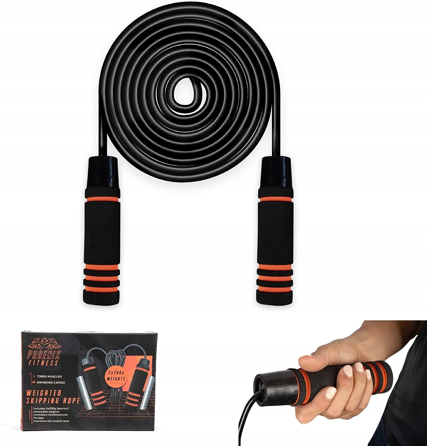 Nylon jump rope Phoenix Fitness 270 cm black with weights 2x200g