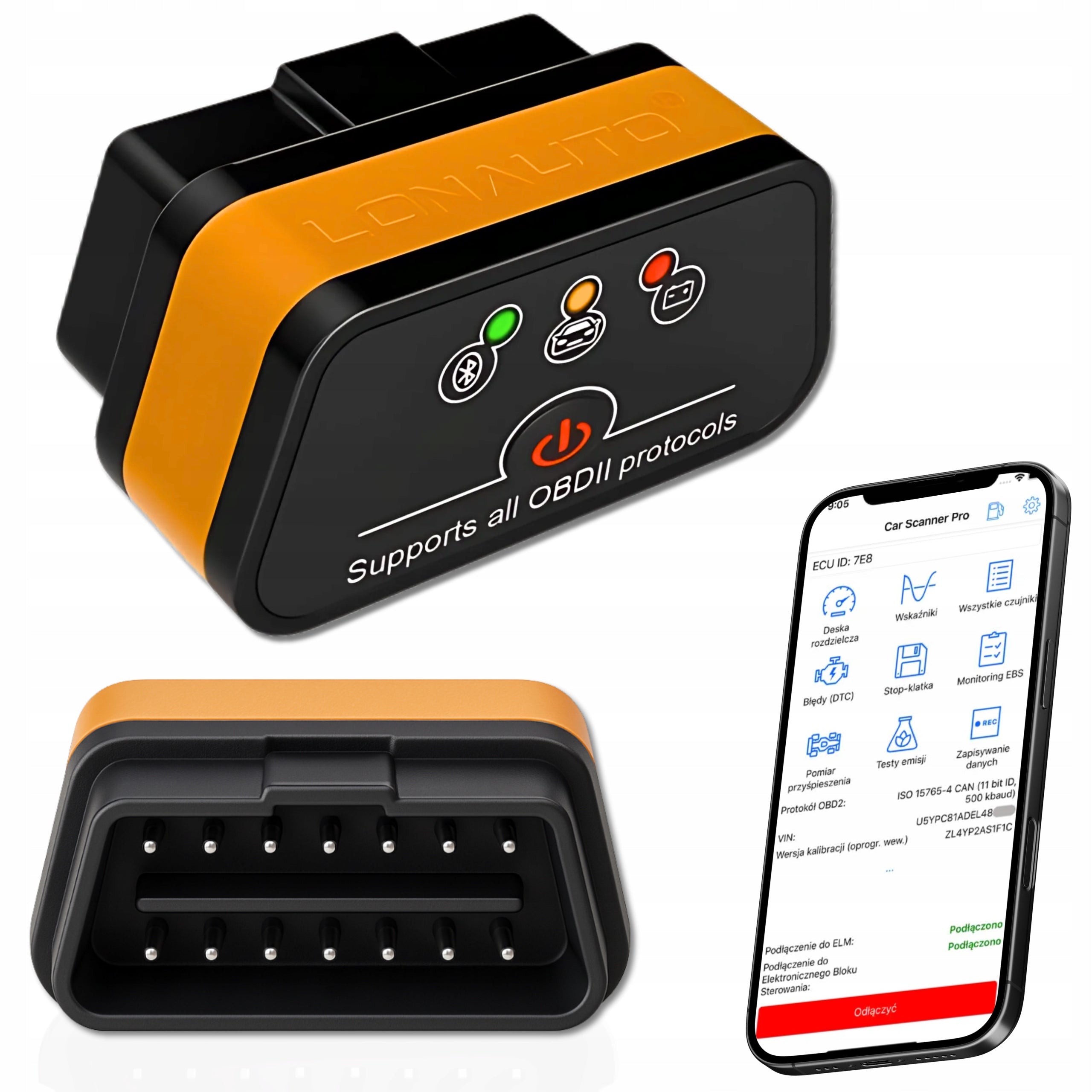 OBD2 INTERFACE ELM327 BLUETOOTH 5.0 iOS Android PL AUTO TESTER SCANNER