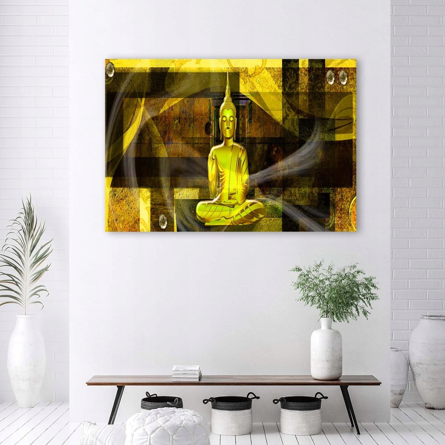 Reproduktion einer Buddha-Figur auf einem geometrischen Hintergrund