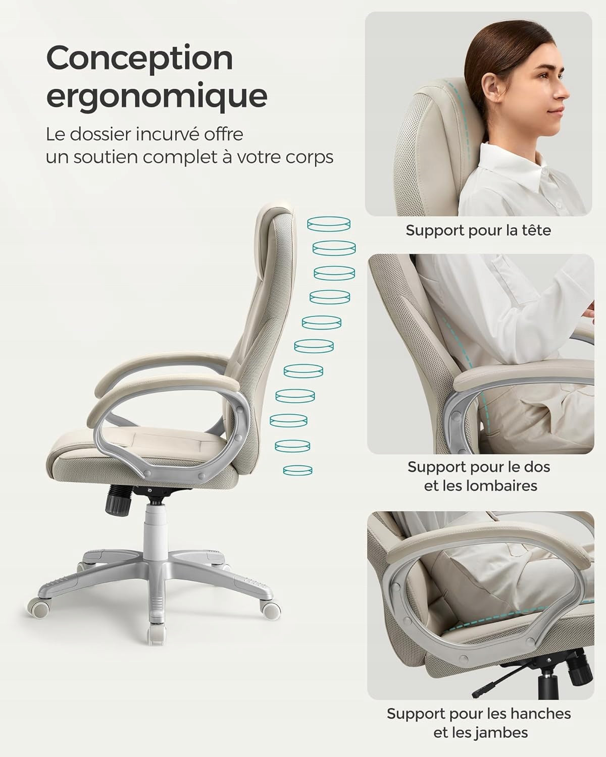 OFFICE CHAIR SWIVEL CHAIR ADJUSTABLE ERGONOMIC BEIGE SONGMICS Brand Songmics