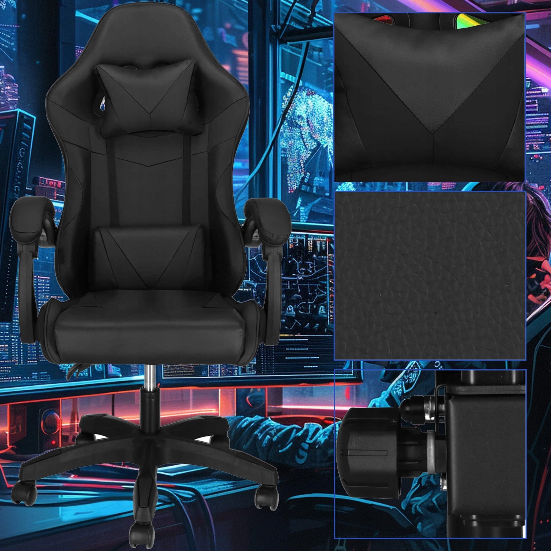 OFFICE GAMING CHAIR SWIVEL ERGONOMIC FAUX LEATHER CUSHION ADJUSTMENT Furniture height 123 cm