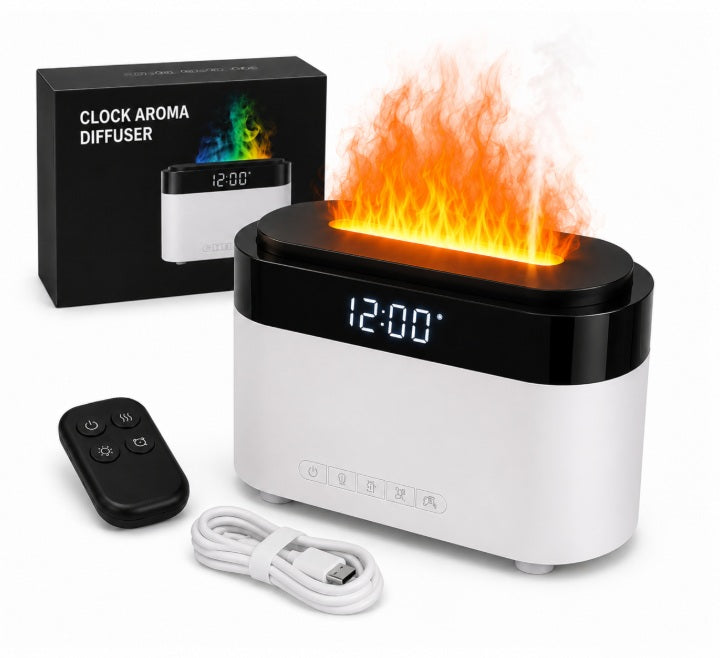 OIL AROMA DIFFUSER FLAME EFFECT LED ALARM CLOCK REMOTE CONTROL HUMIDIFIER