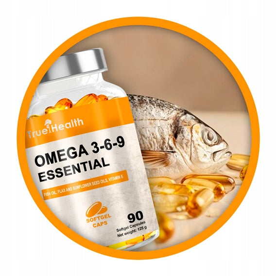 OMEGA 3-6-9 90caps FATTY ACIDS EPA DHA FISH OIL + VIT E TRUE HEALTH Packaging status original