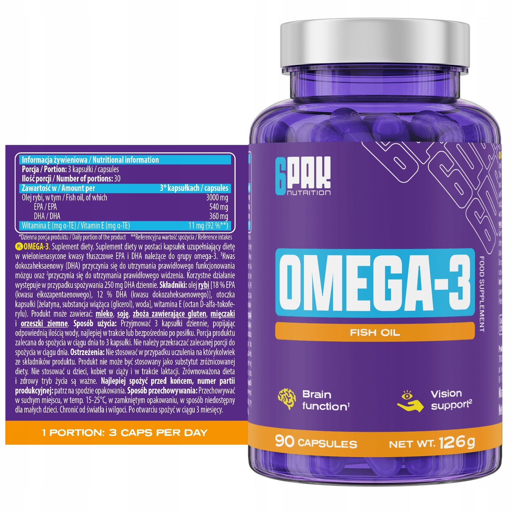 OMEGA 3 Pacific Wild Fish Oil + Wit. E 90 Kaps Heart Vision Brain Packaging status original