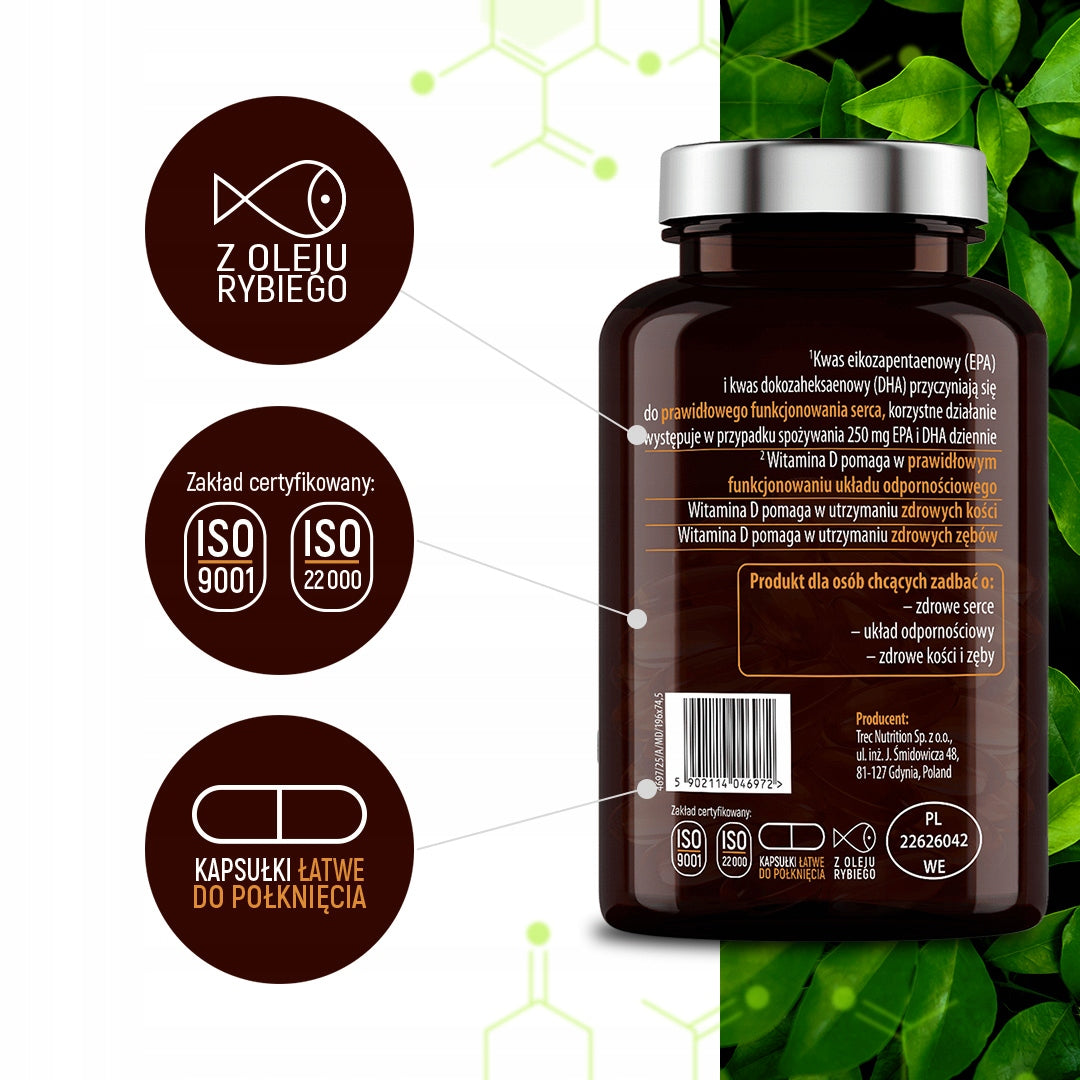 OMEGA 3 + VITAMIN D3 FORTE MAX PORTION IMMUNITY HEART TEETH FOR 90 DAYS TRAN Manufacturer code kwasy Omega3 + WIT D tran, olej rybi, EPA DHA