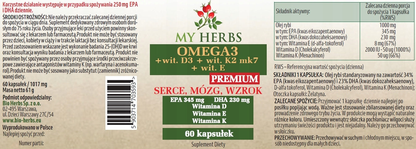 OMEGA 3 + WIT D3 + WIT K2 MK7 + WIT E Gold Omega 3 PREMIUM 60 KAPS Brand Bio Herbs