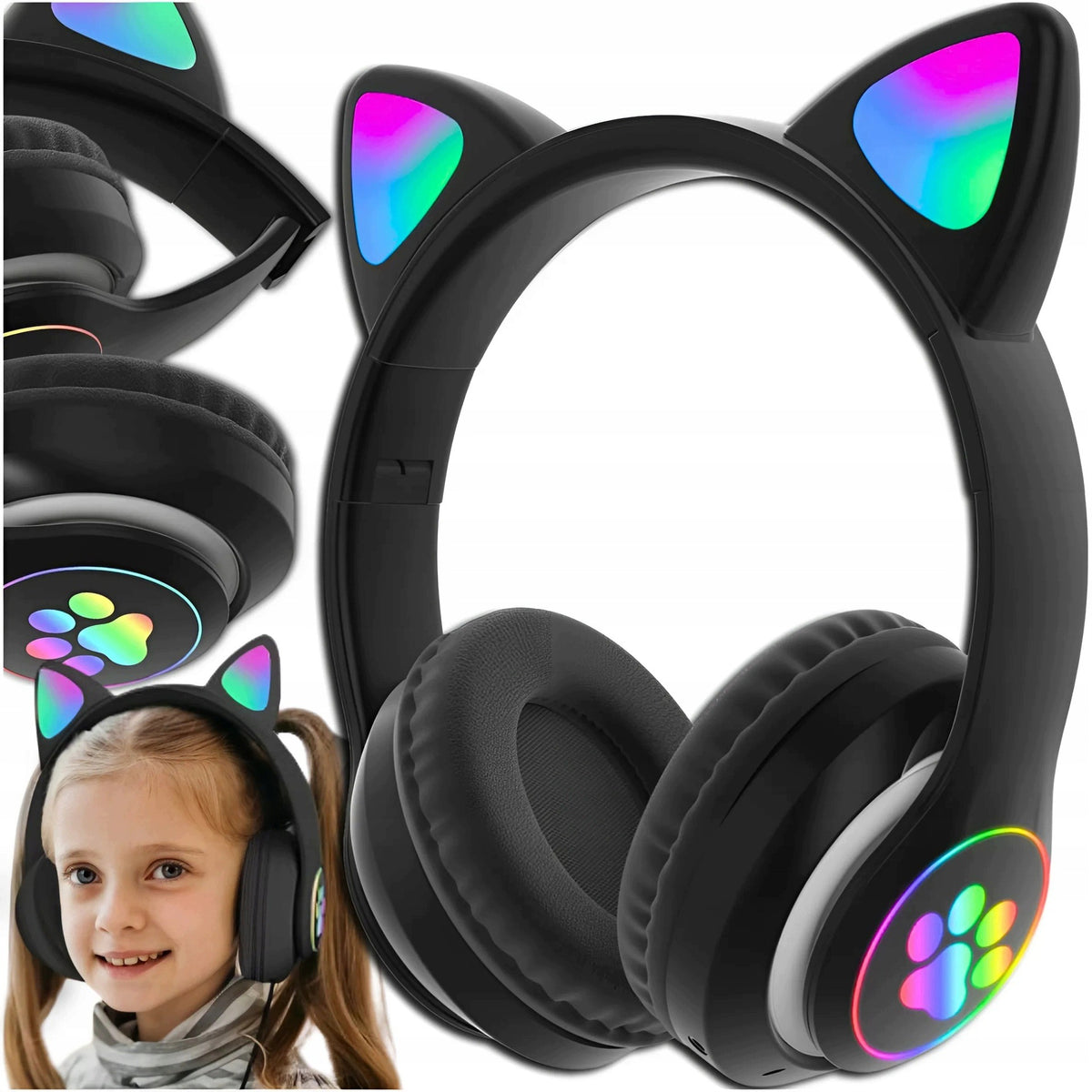 ON-EAR HEADPHONES FOR CHILDREN BLUETOOTH LED RGB CAT EARS BLACK FOR GIFT Packaging status original
