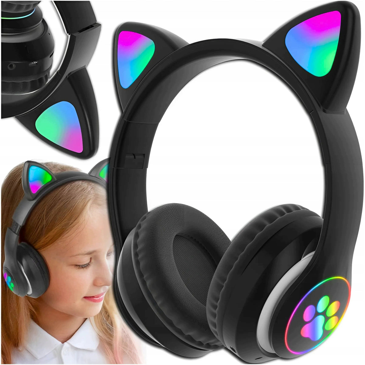ON-EAR HEADPHONES FOR CHILDREN BLUETOOTH LED RGB CAT EARS BLACK FOR GIFT