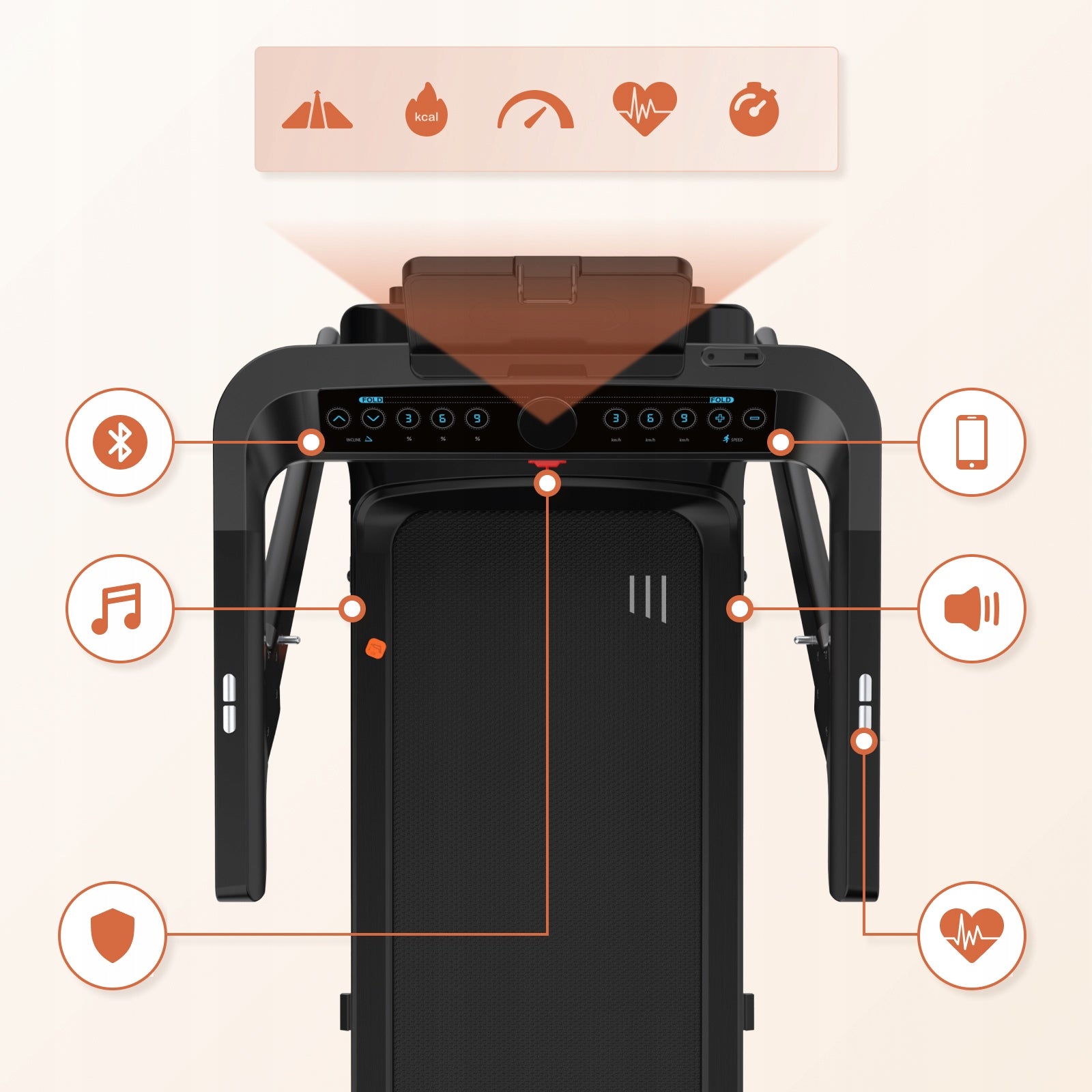 ONMAX Electric treadmill folding FLOW auto lifting app PL Measurements training duration distance speed pulse burned calories