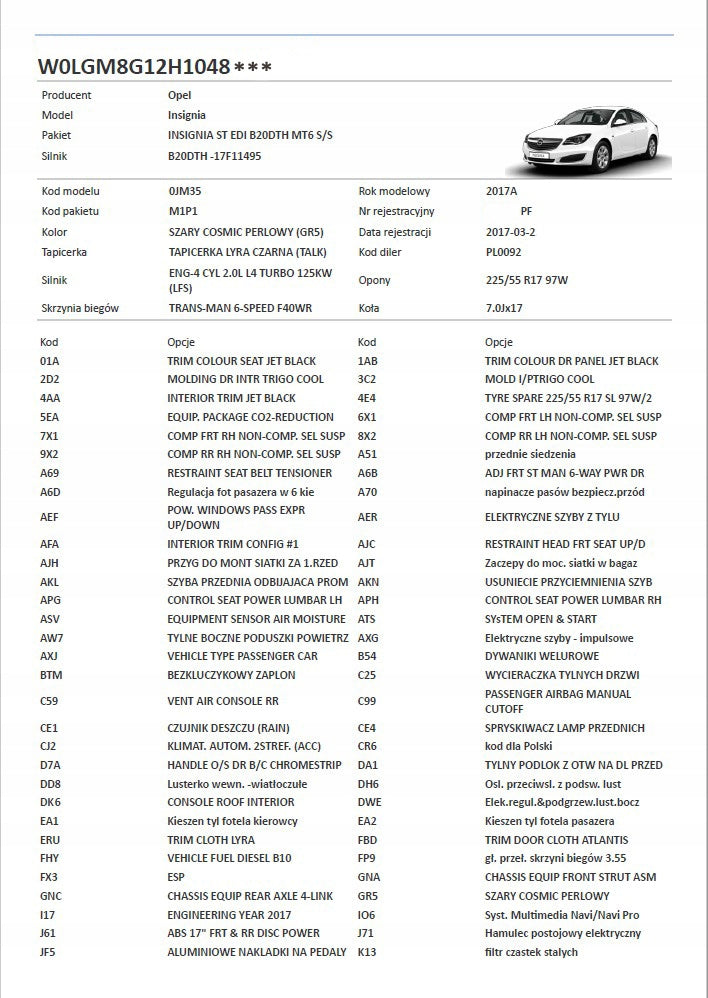 OPEL VIN Verification Service History ASO Report Manufacturer code 147852