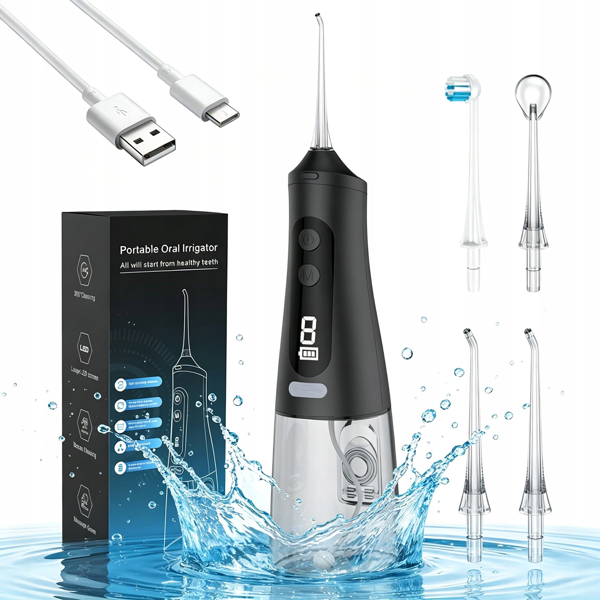 ORAL IRRIGATOR 9 MODES 30-120 PSI TANK 350ML 4TIPS BLACK