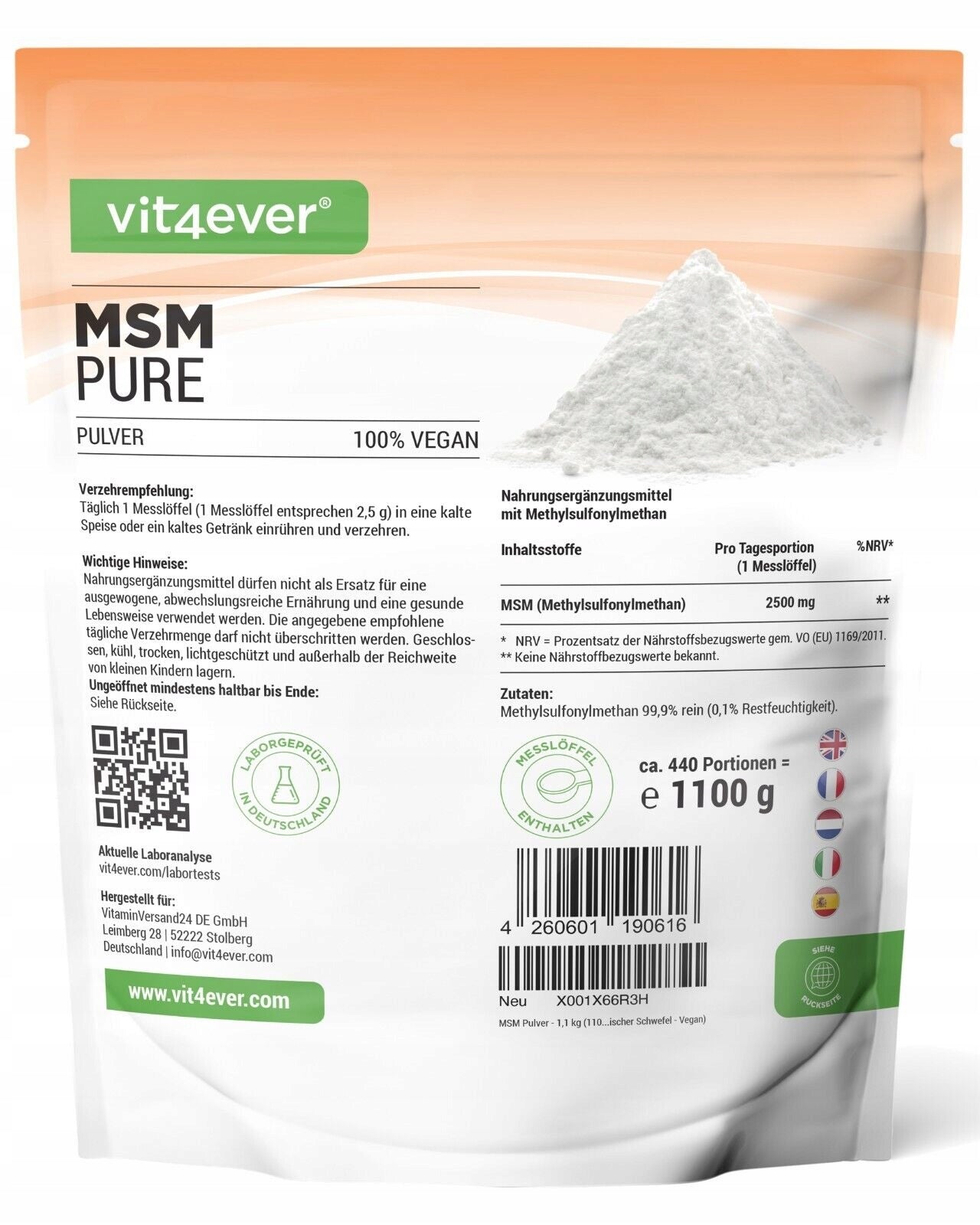 ORGANIC SULFUR MSM POWDER 1100 g JOINT SUPPORT VIT4EVER Packaging status original