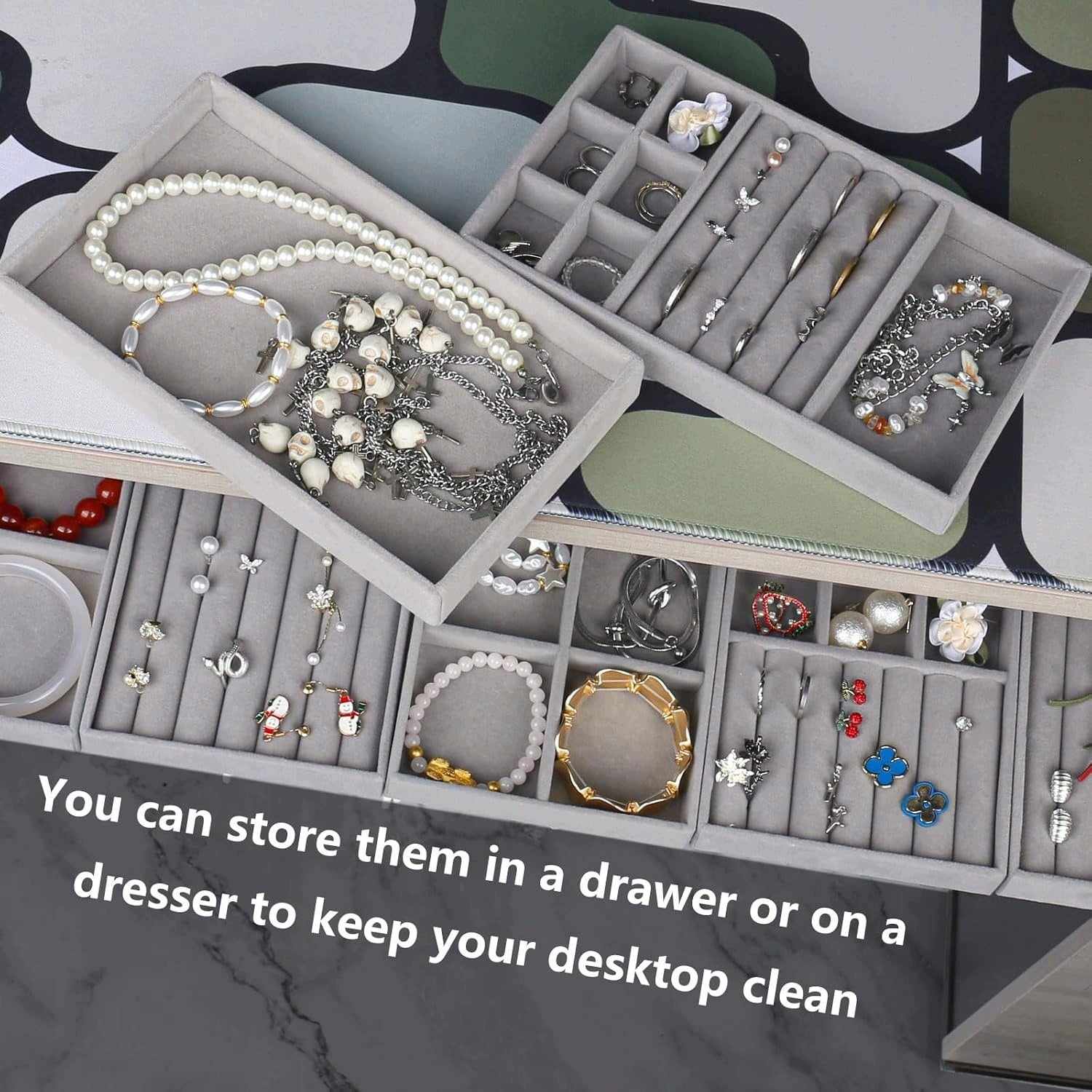 ORGANIZER CONTAINER SET OF 8 JEWELRY TRAYS VELVET DRAWER INSERTS Brand no brand