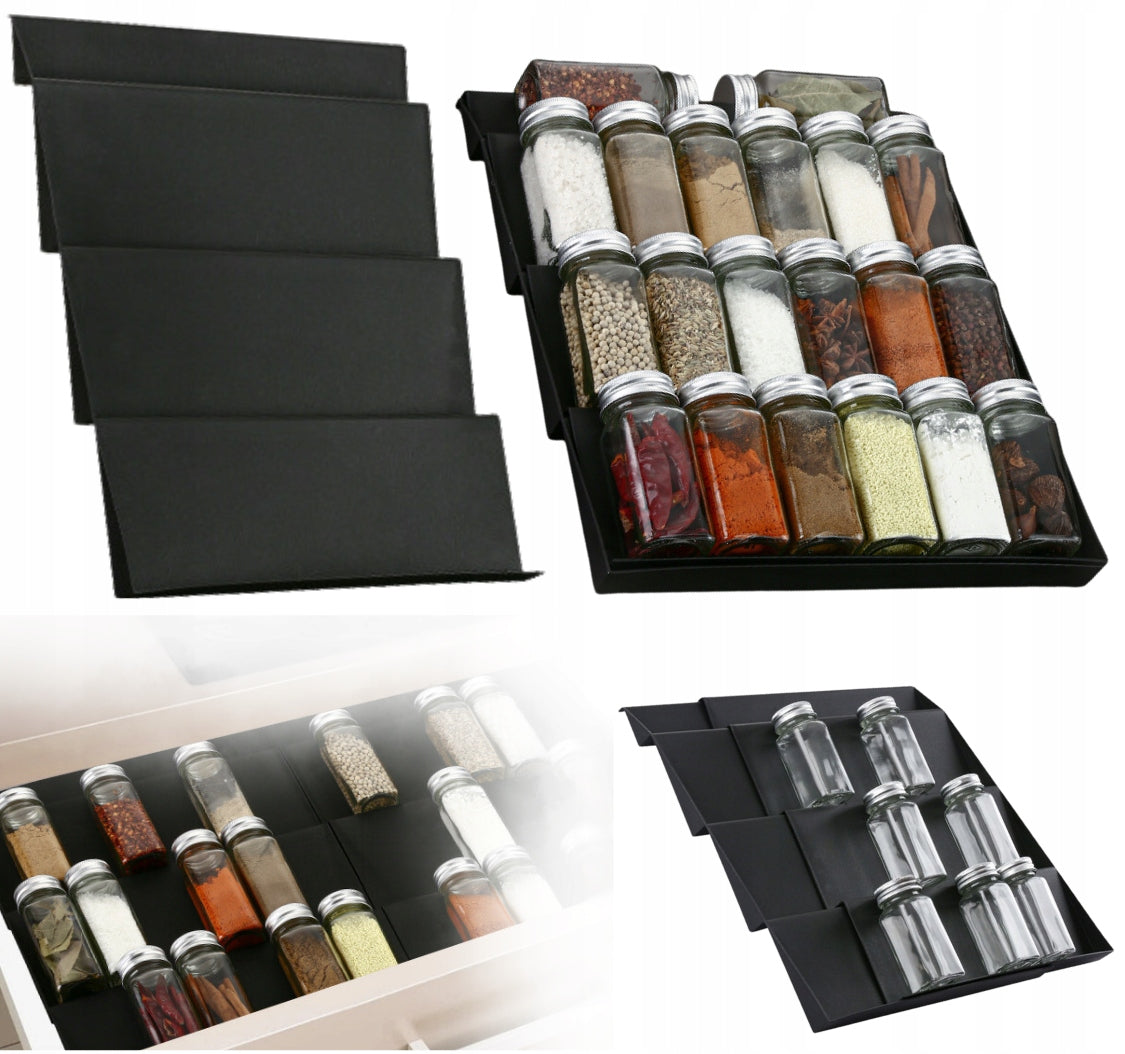 ORGANIZER SPICE DRAWER INSERT JARS BLACK ADJUSTABLE STAND