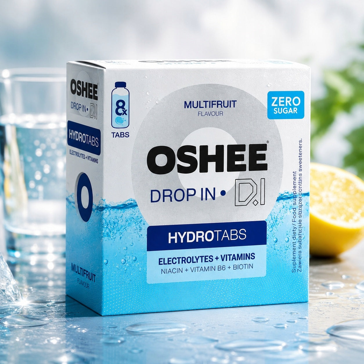 OSHEE Drop In Hydrotabs Electrolytes + Vitamins Multifruit 8 Tablets Manufacturer code OSHEE DROP in Hydrotabs ZERO 8 tabletek