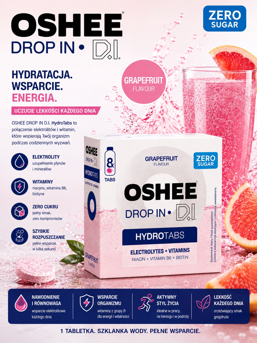 OSHEE Drop in Hydrotabs Electrolytes + Vitamins Grapefruit 8 Tablets Brand OSHEE