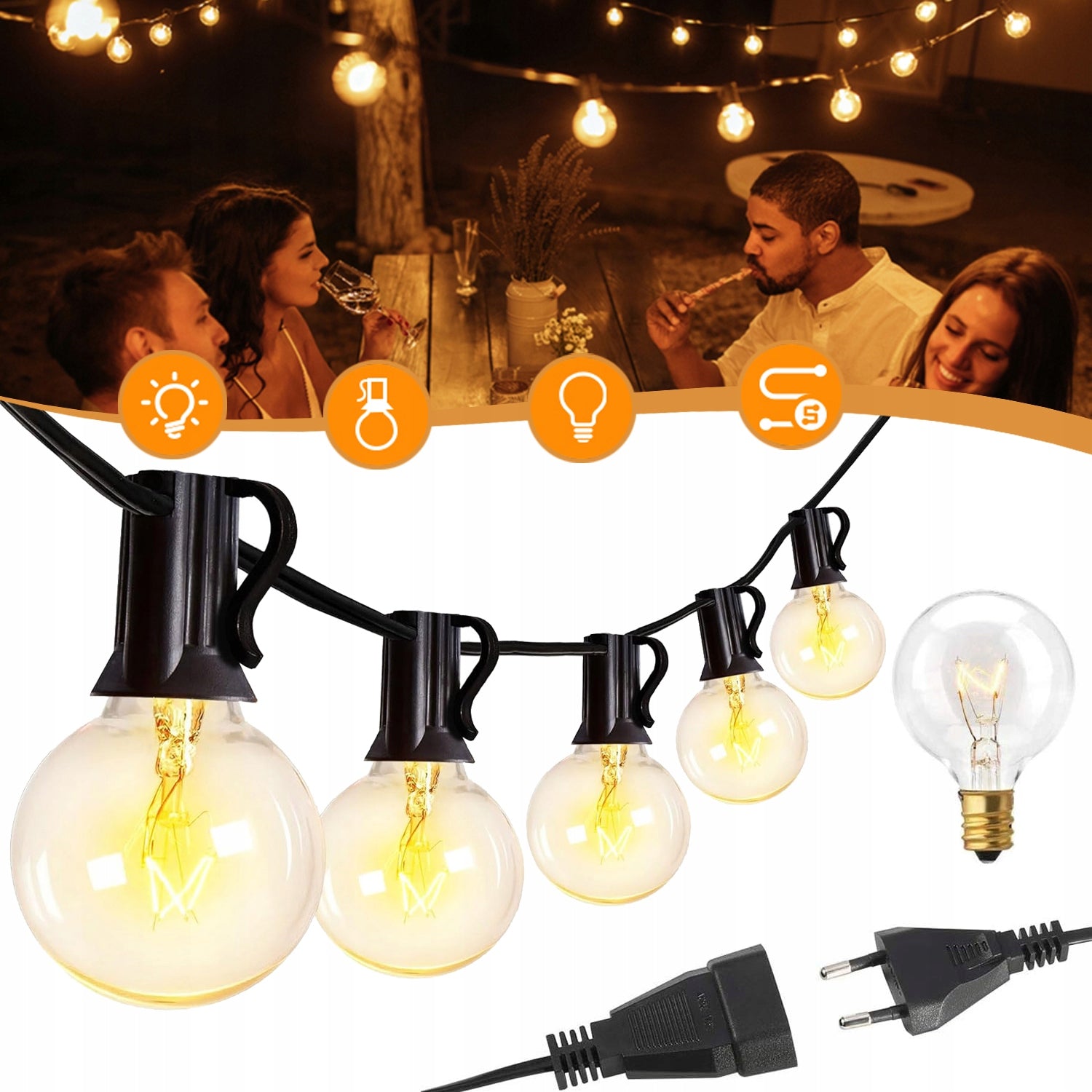 OUTDOOR GARLAND LIGHTS, LED LIGHT CHAINS WITH NETWORK BULBS G40