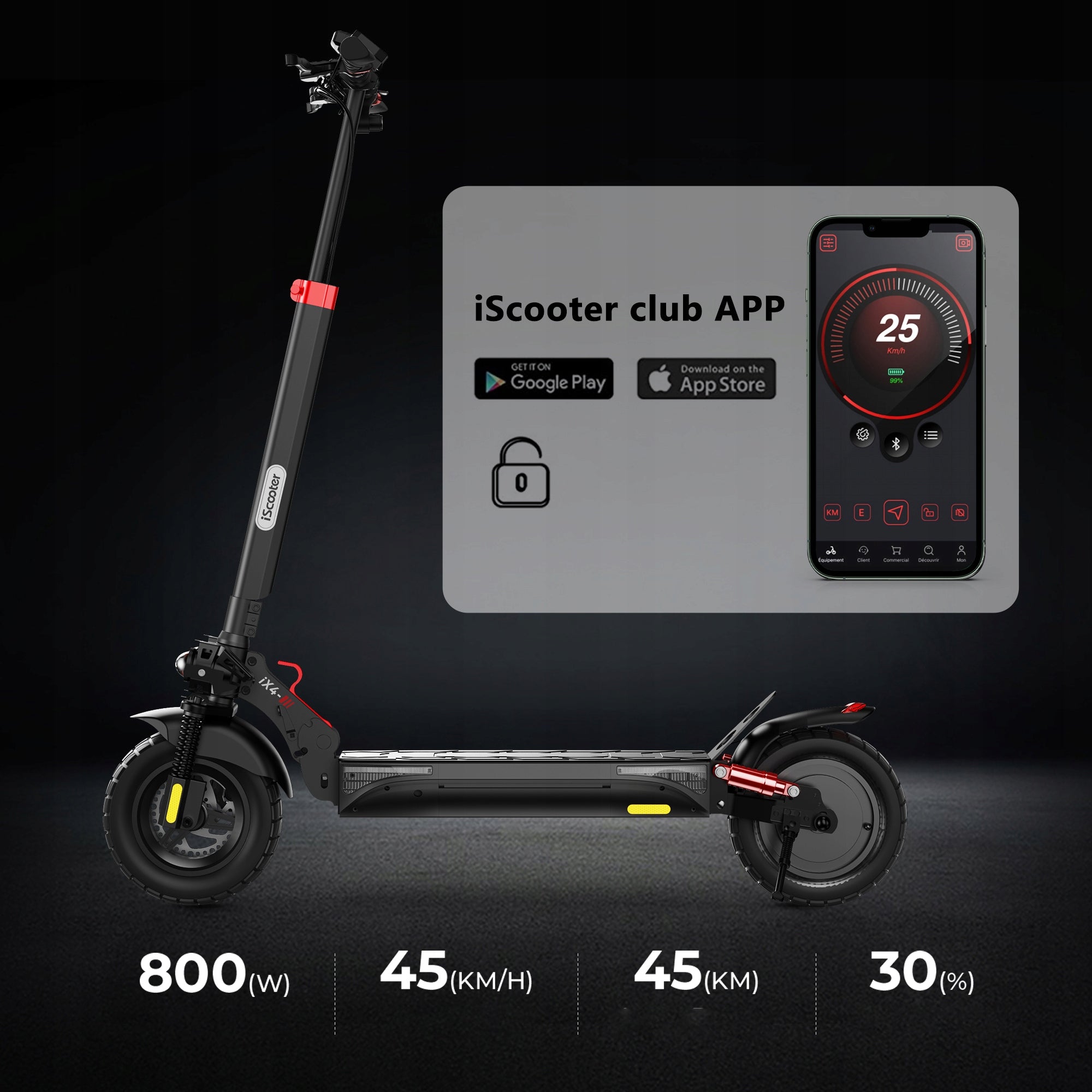 Off-road tires! Scooter iX4 800W, 48V15Ah, 150kg, with application Range 40 km
