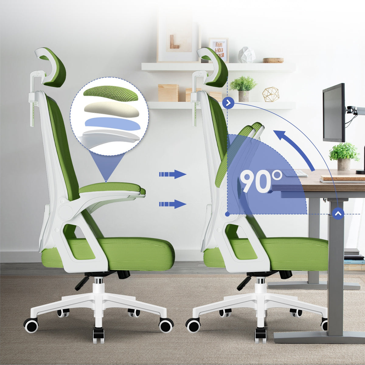 Office Chair Ergonomic Green Foldable Armrests Rocking Function 150KG Manufacturer code BGY-HR224