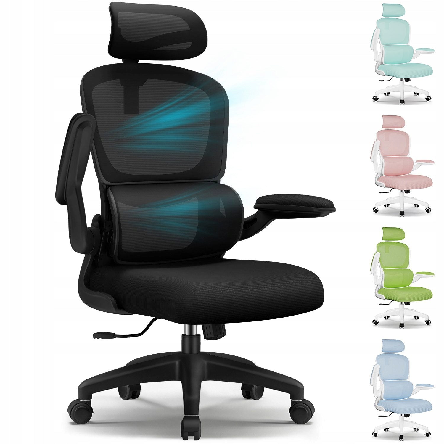 Office Chair Ergonomic Swivel Chair Adjustable Headrest Black 150KG