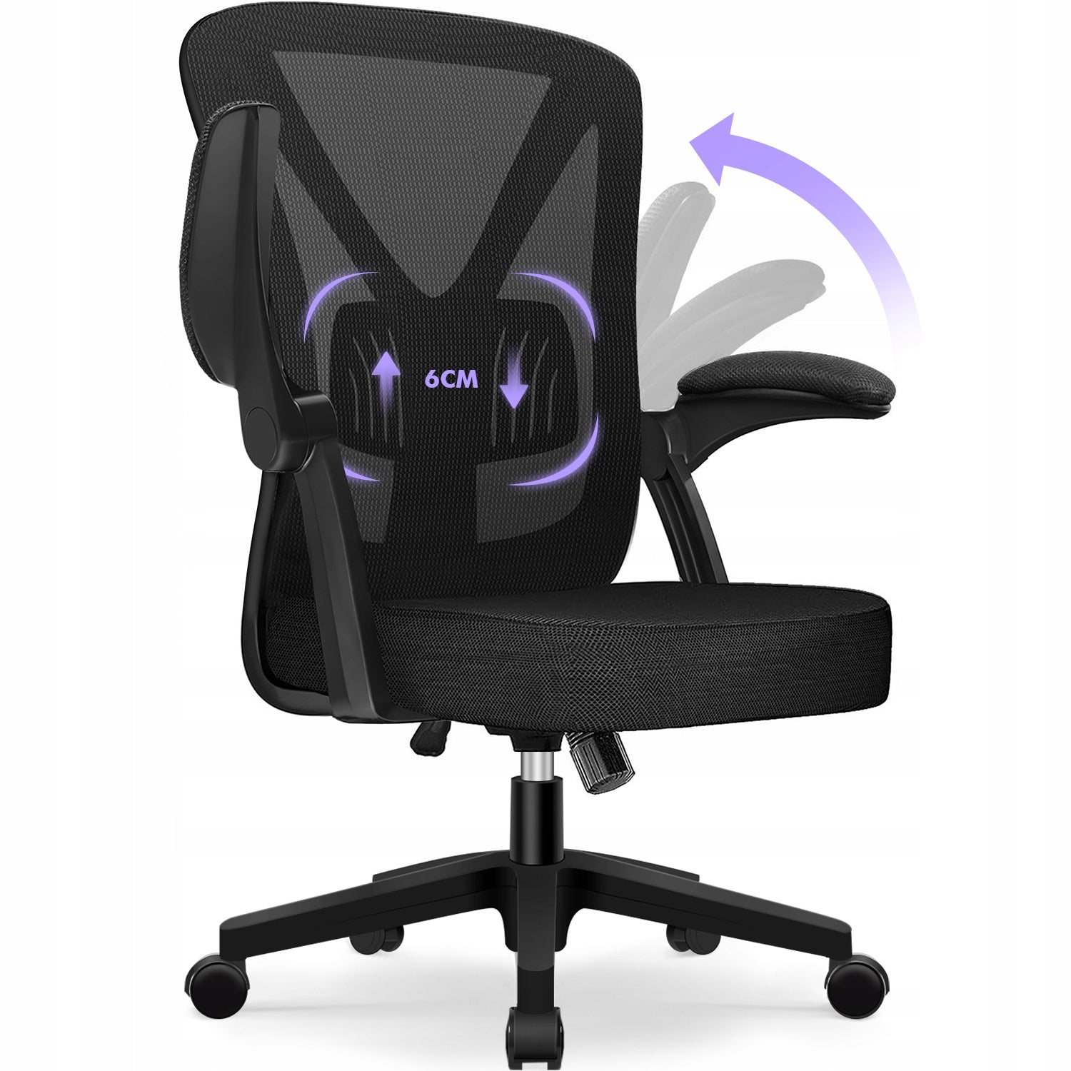 Office Chair Ergonomic Swivel Chair Foldable Armrest Black 150kg