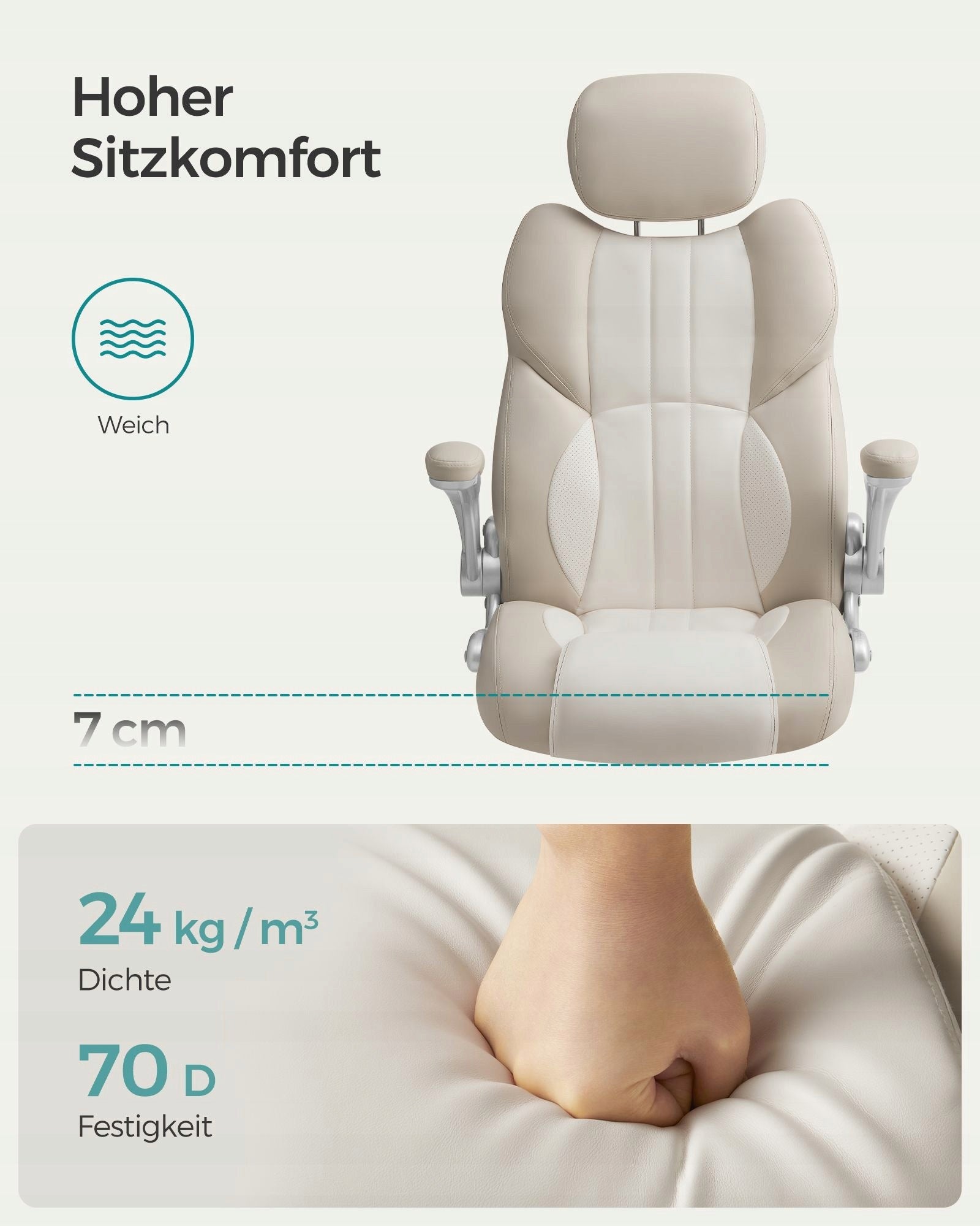 Office Chair SONGMICS Adjustable Headrest Height Rocking Creamy White Kind rotary