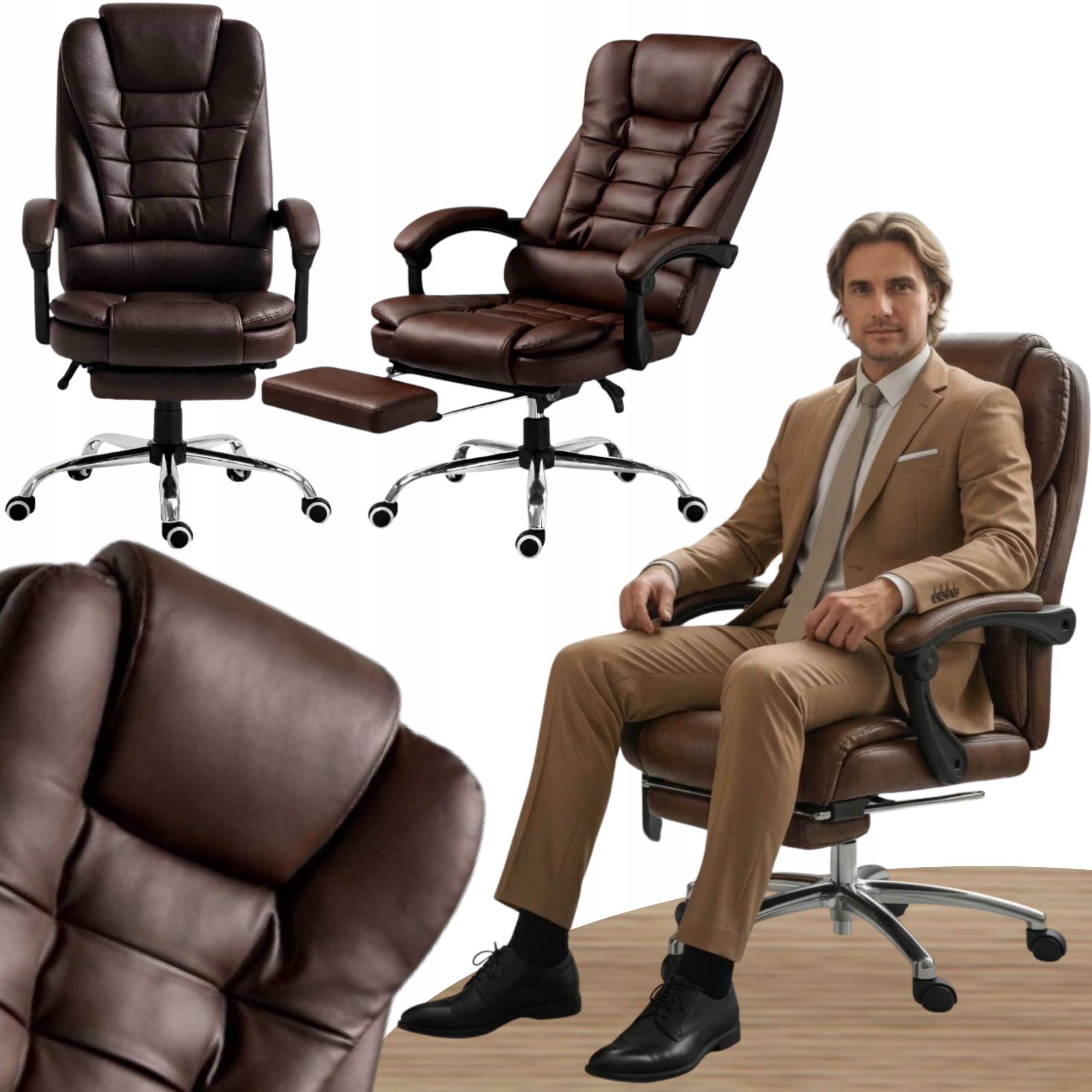 Office Chair Swivel Adjustable with Footrest Headrest Brown Suede