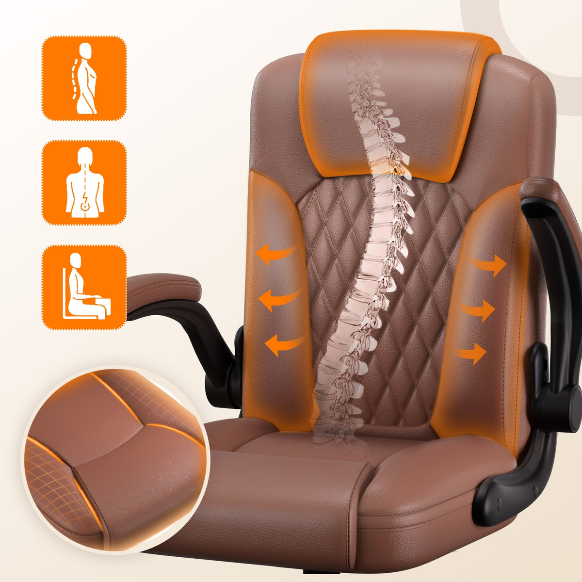 Office Chair Swivel Faux Leather Ergonomic Folding Armrests Brown 120kg Packaging status original