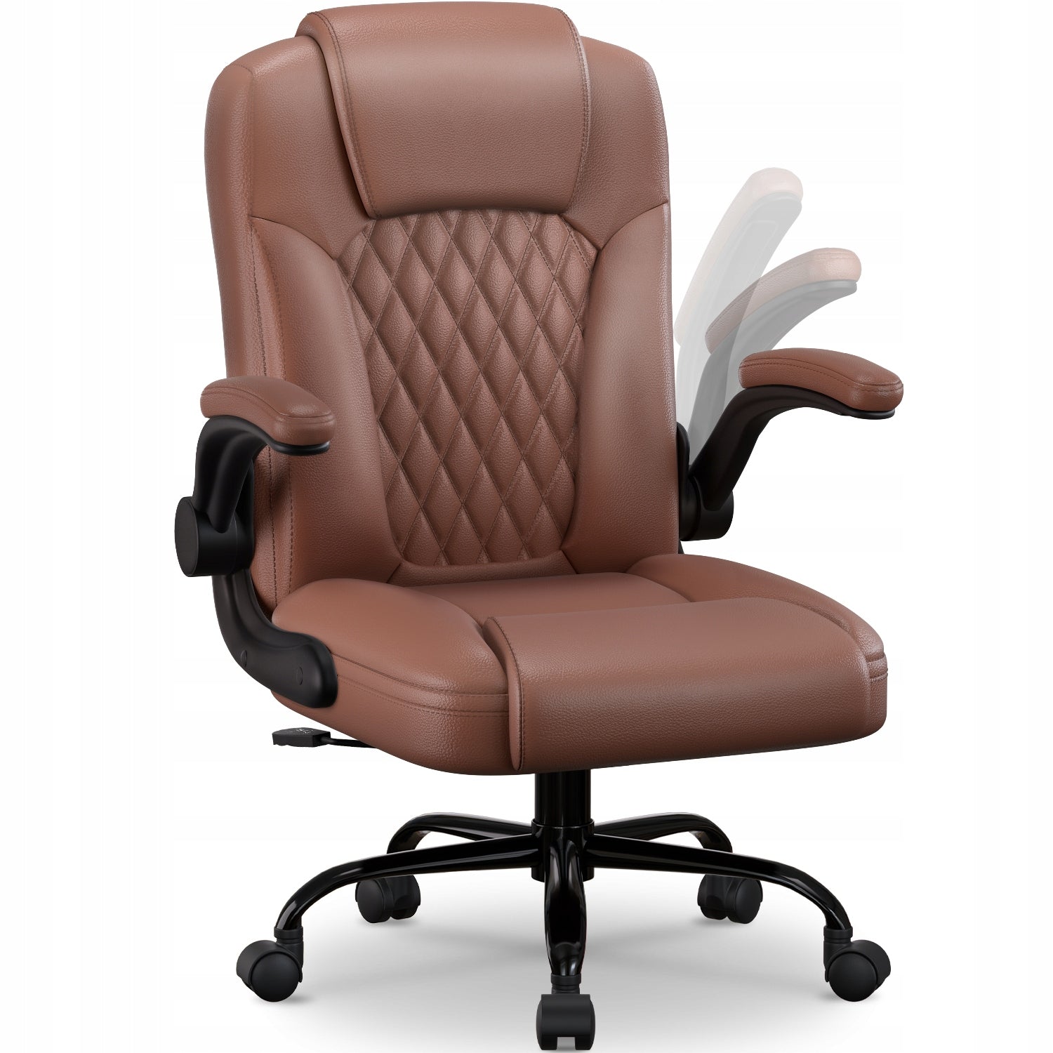Office Chair Swivel Faux Leather Ergonomic Folding Armrests Brown 120kg