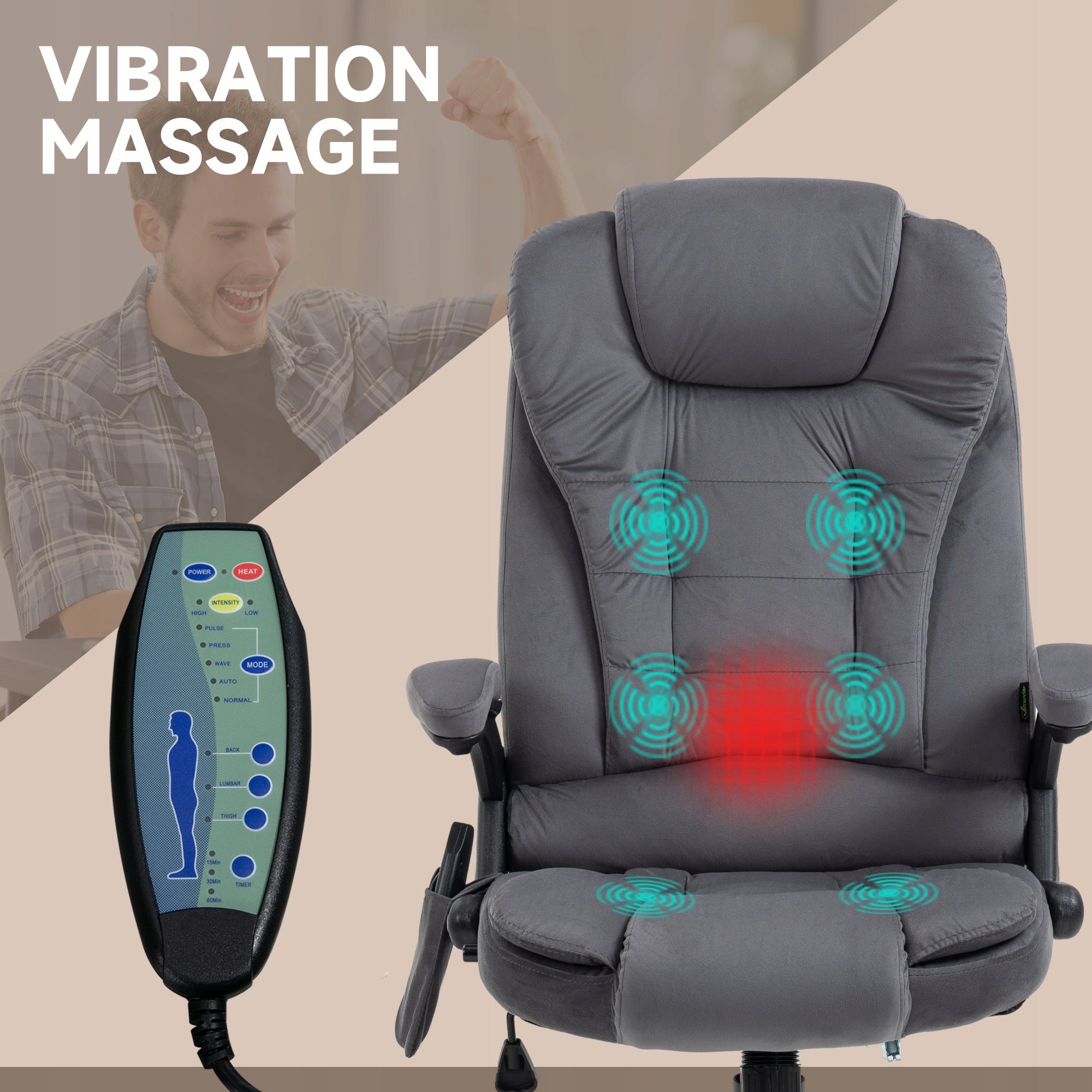 Office Chair with Massaging and Heating Function, Ergonomic, Adjustable Grey Furniture depth 74 cm