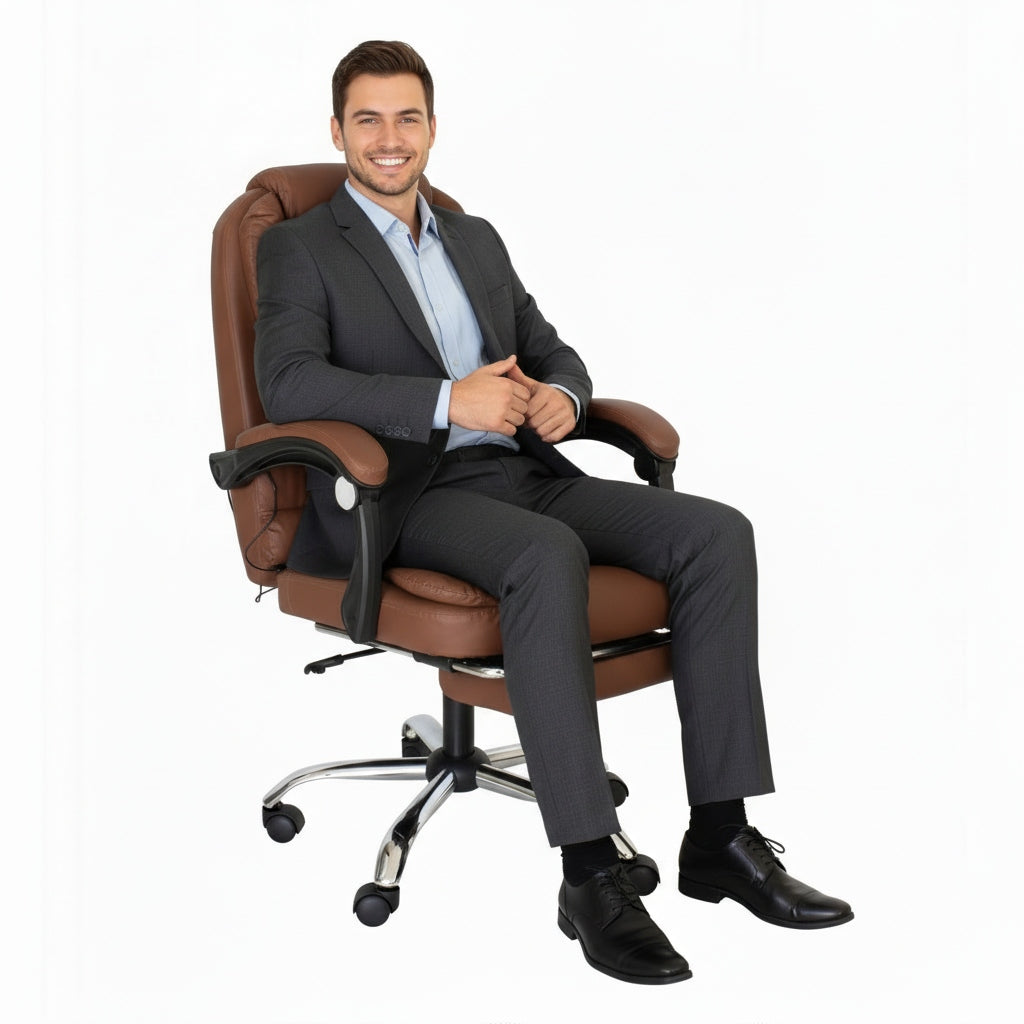 Office MASSAGE CHAIR BROWN ROTATING PU leather base chrome + FOOTREST Packaging status original