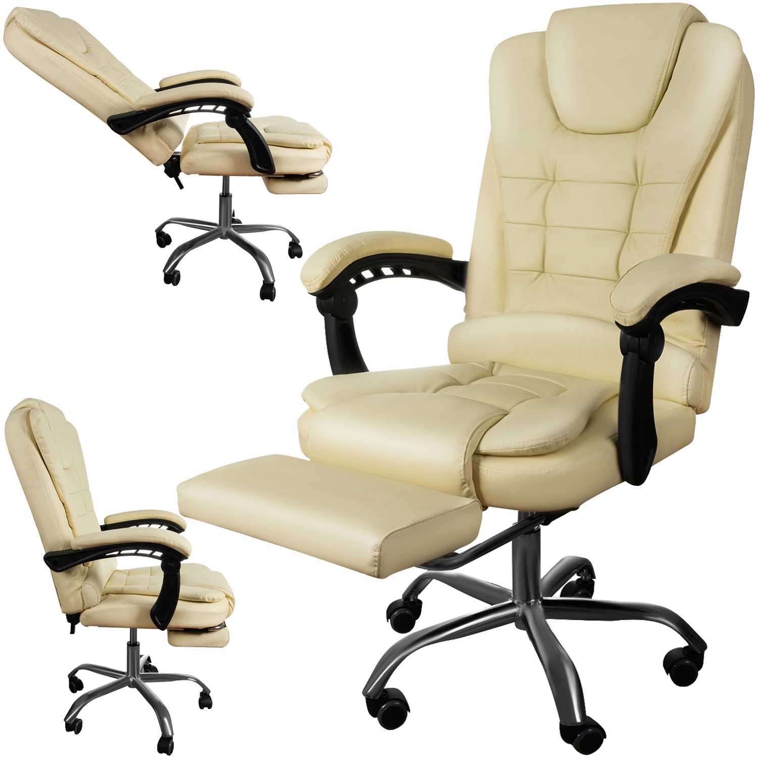 Office MASSAGE CHAIR SWIVEL BEIGE PU leather base CHROME + FOOTREST!