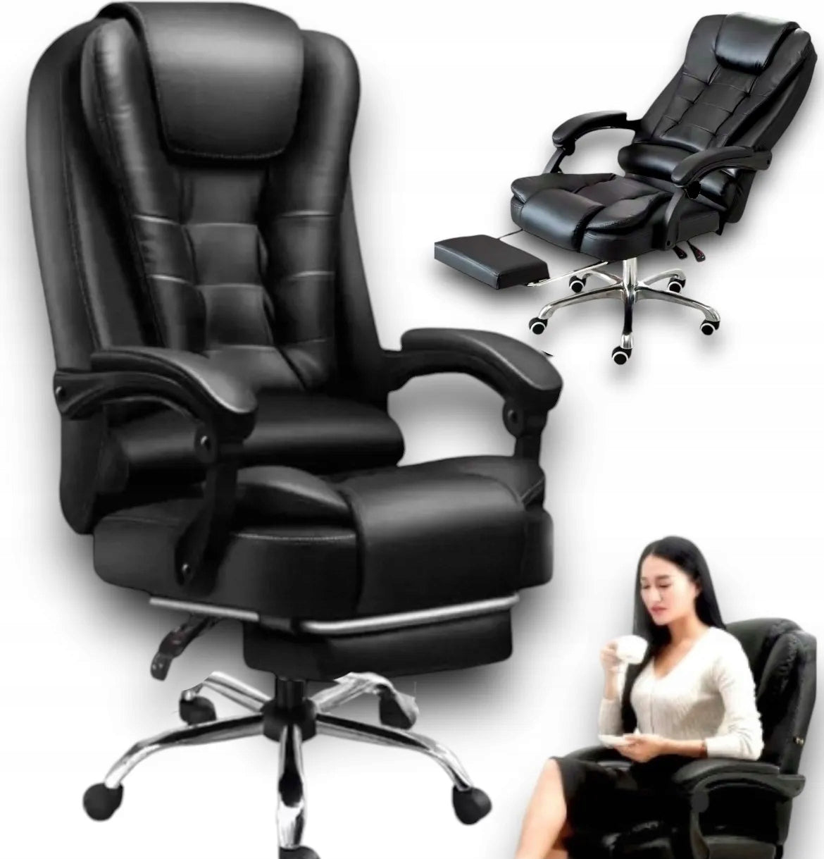 Office MASSAGE CHAIR SWIVEL black PU LEATHER base CHROME + FOOTREST!