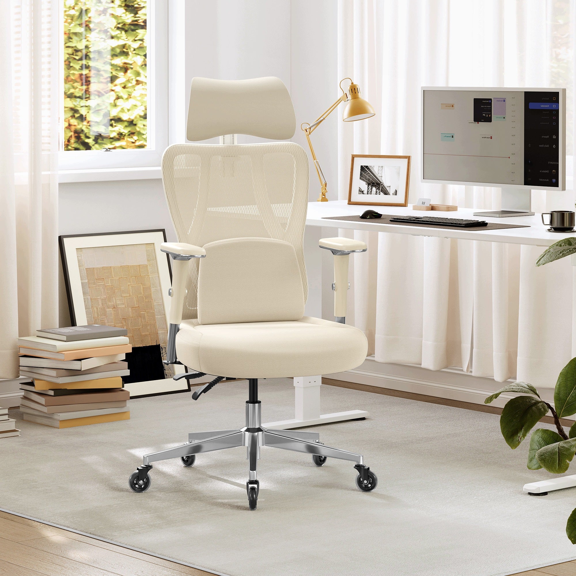 Office chair Songmics ergonomic mesh up to 150 kg beige and white Furniture depth 70 cm