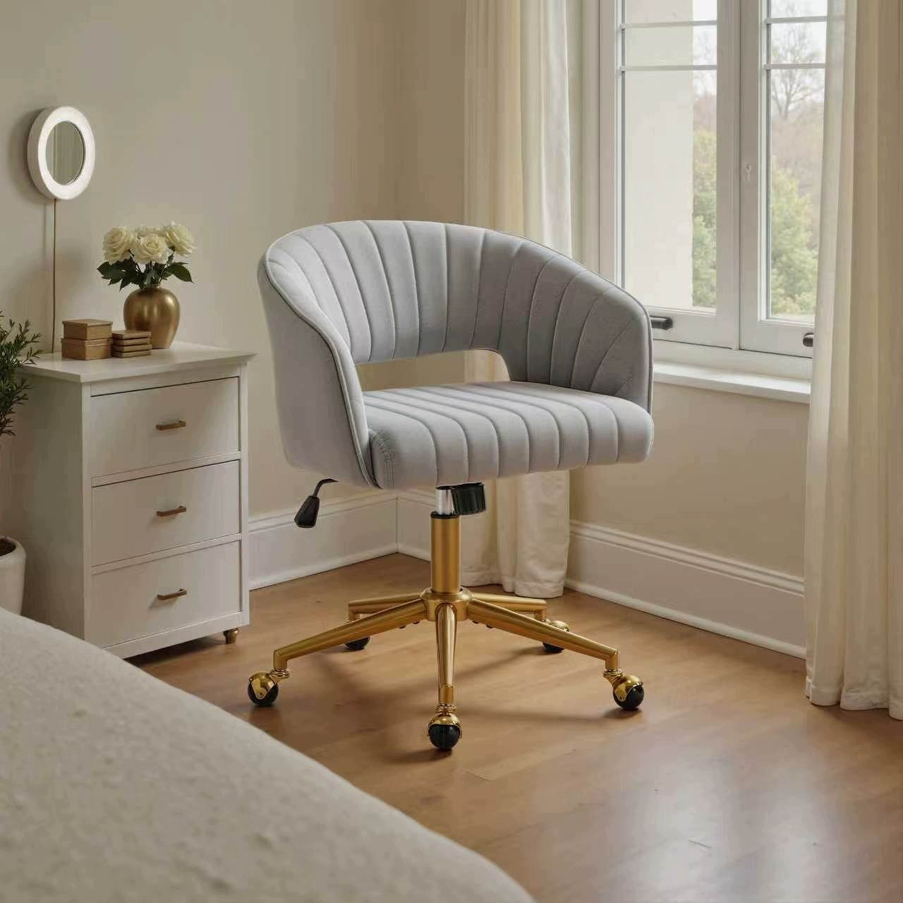 Office chair, grey, with velour upholstery, swivel 360°, 53*53*55 cm.