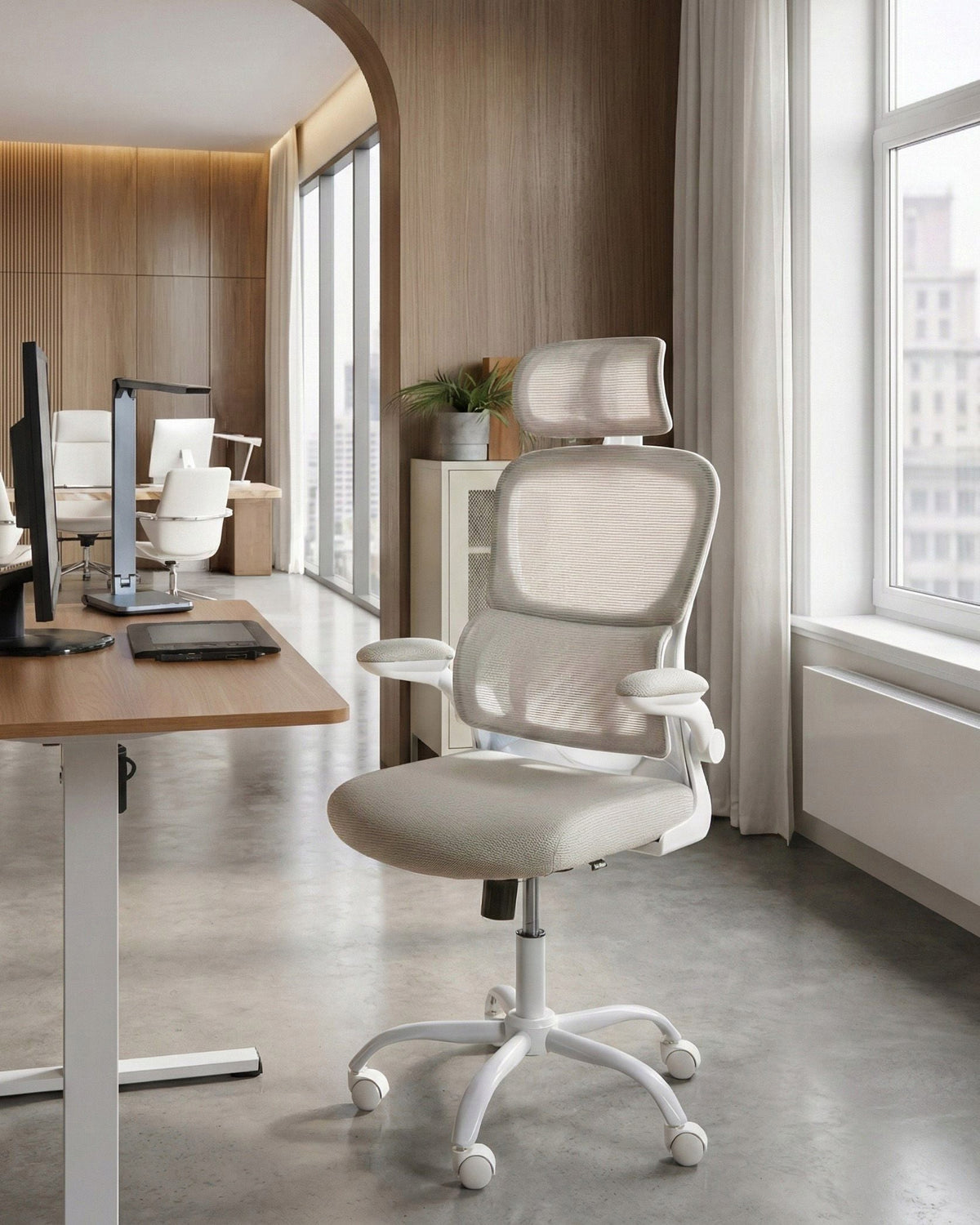 Office chair mesh iron base with wheels multifunctional beige Packaging status original