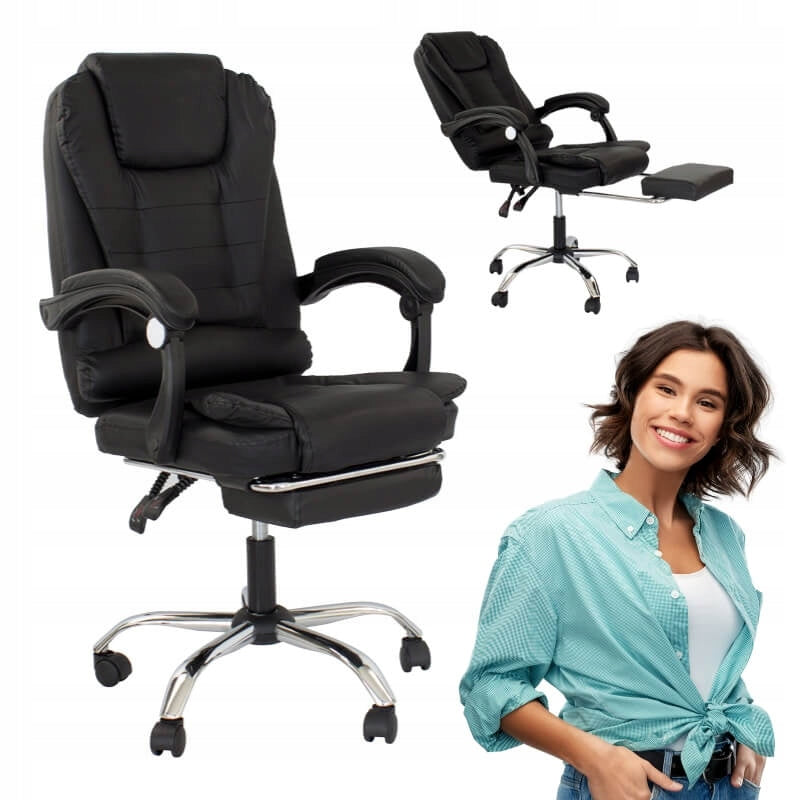 Office chair with MASSAGE and footrest Faux leather elegant BLACK relax LP200B