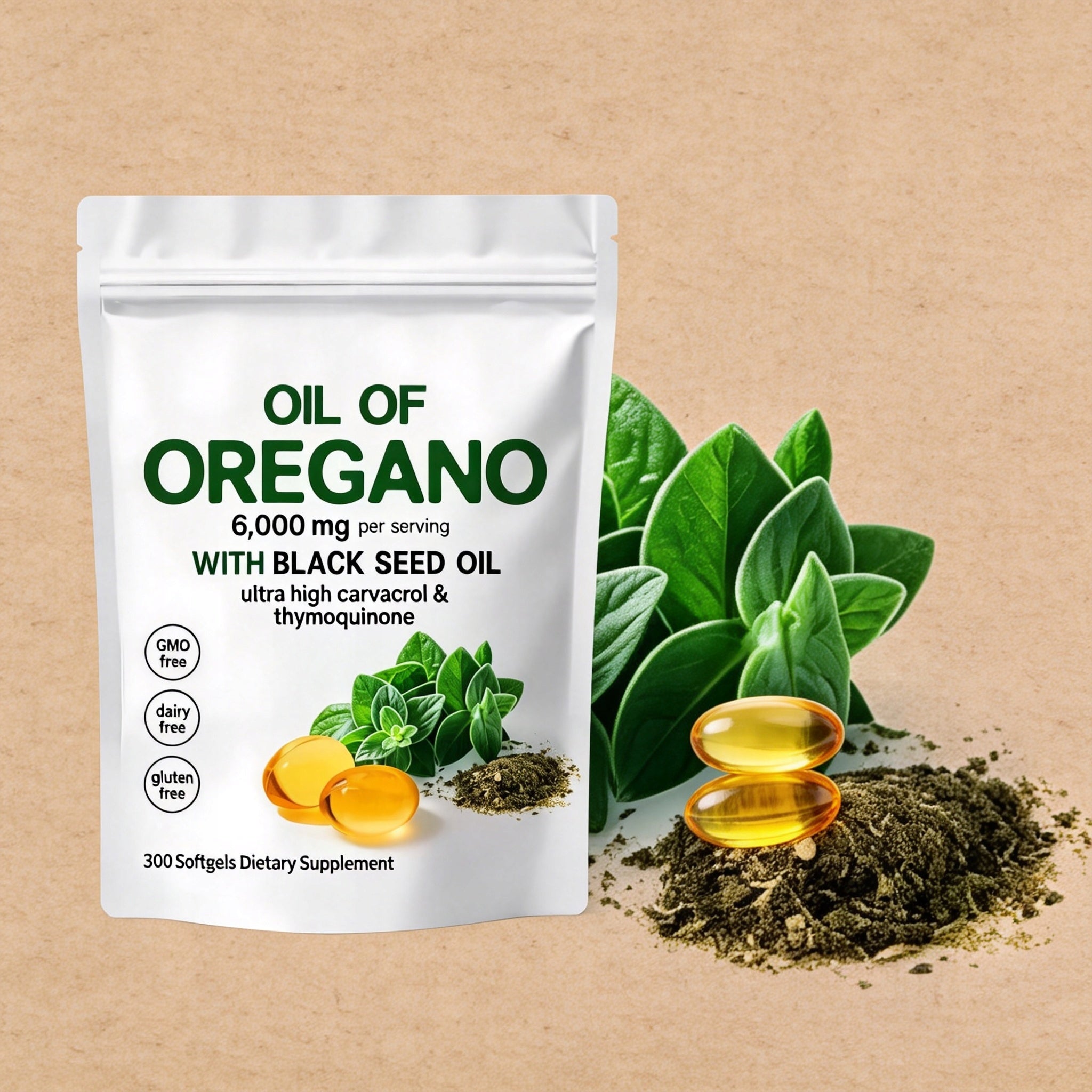 Olej z oregano 300 capsules, 2 in 1 with black cumin oil 200 mg Product weight with unit packaging 0.15 kg