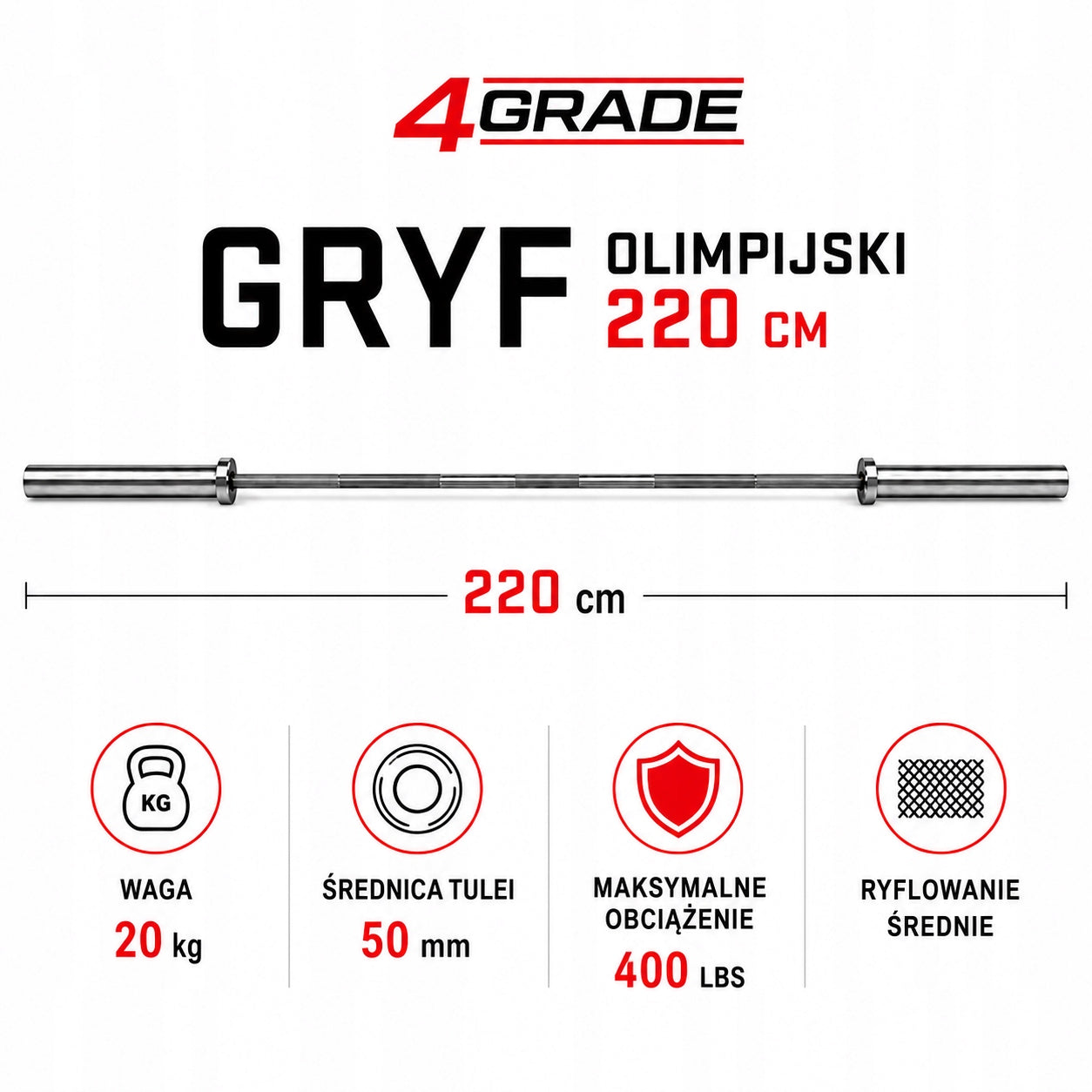Olympic Griffin 220 cm 20 kg 50 mm 4GRADE 400 LBS chrome steel A5 barbell Manufacturer code SZOL-220-400-4G