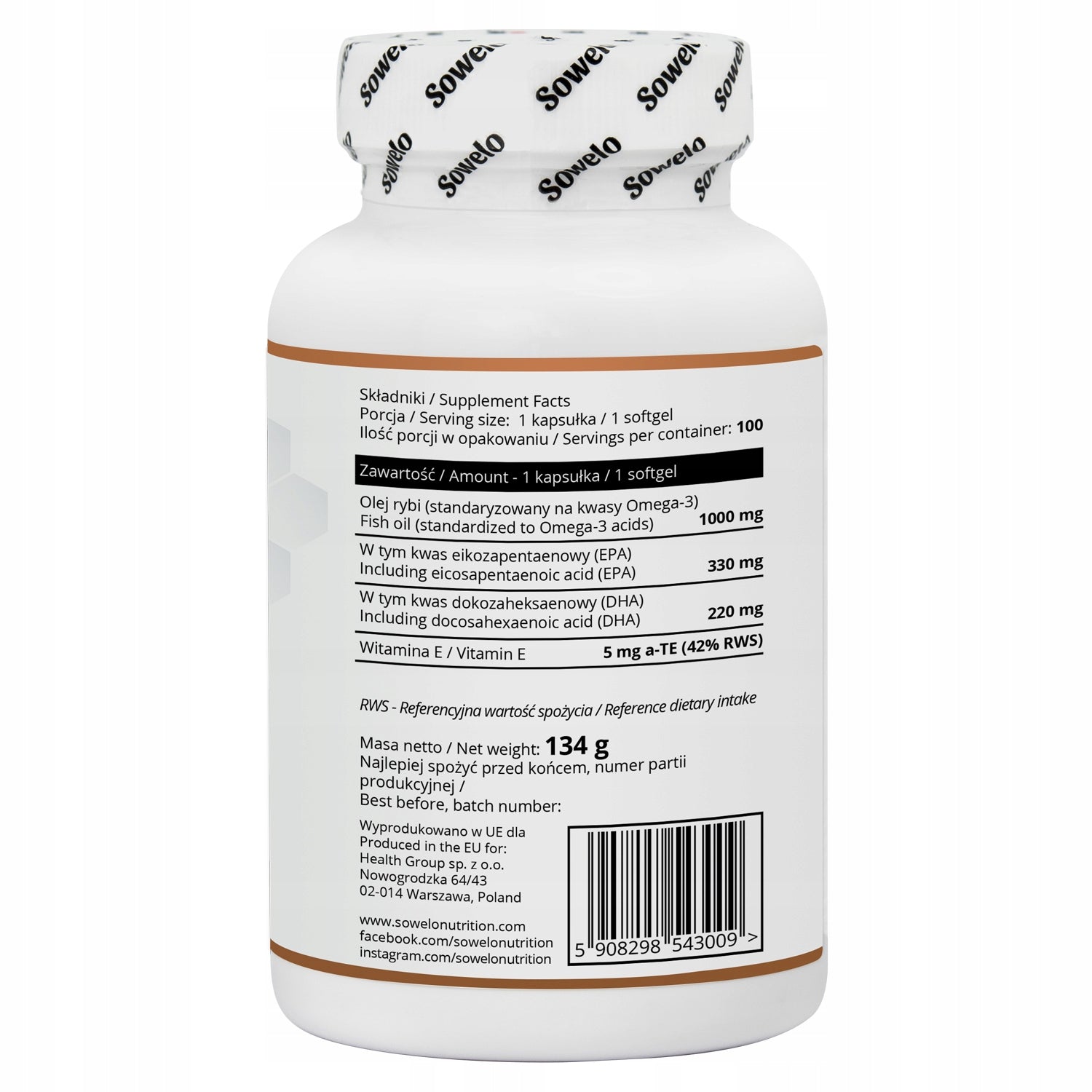 Omega 3 1000 mg 330 EPA + 220 DHA + Vitamin E 100 Kaps – Heart, Brain – Sowelo Expiration date at least 1 year from the date of purchase