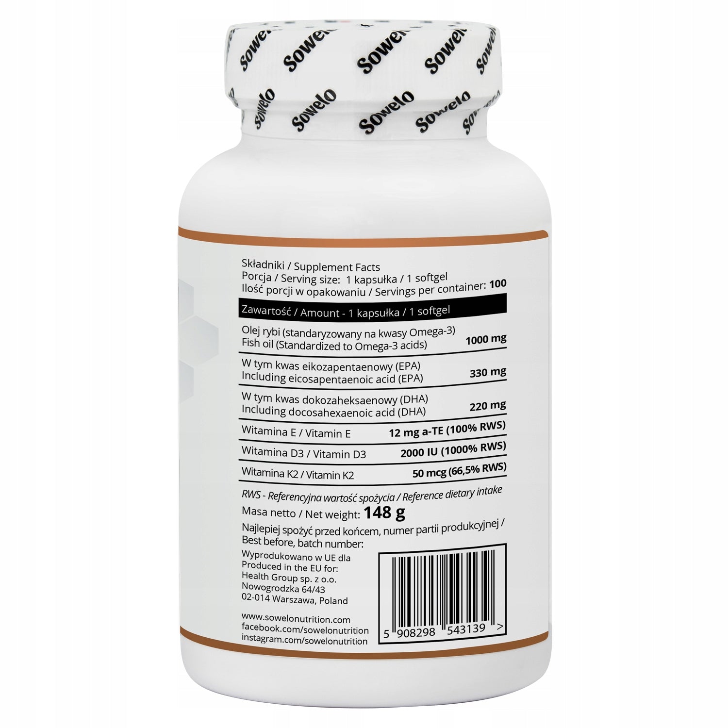 Omega 3 – 330 EPA / 220 DHA + D3, K2, E 100 Kaps – Heart, Brain – Sowelo Packaging status original