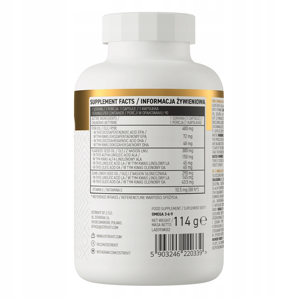 Omega 3-6-9 OstroVit 90 caps FATTY ACIDS Fish Oil + Linen + VIT E Packaging status original