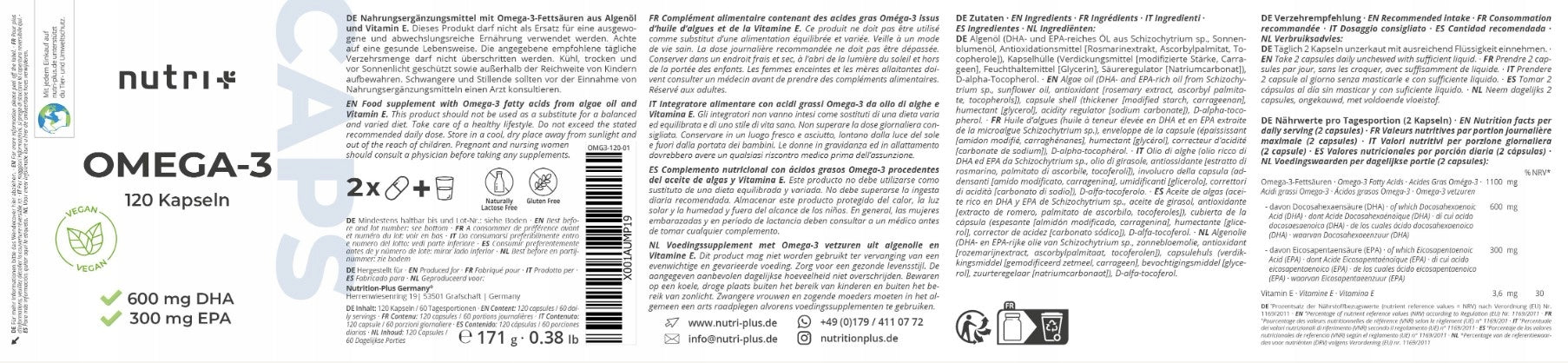 Omega 3 DHA from algae 90mg + Vitamin E 120caps Nutri-Plus Manufacturer code X001AUMP19