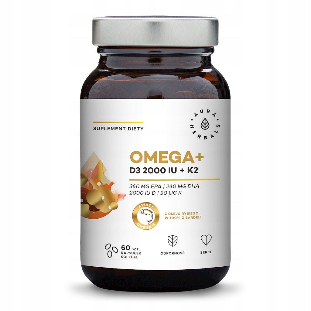 Omega+ Vitamin D3 2000 IU + K2 MK-7 Aura Herbals 60 capsules Pure Composition Brand Aura Herbals