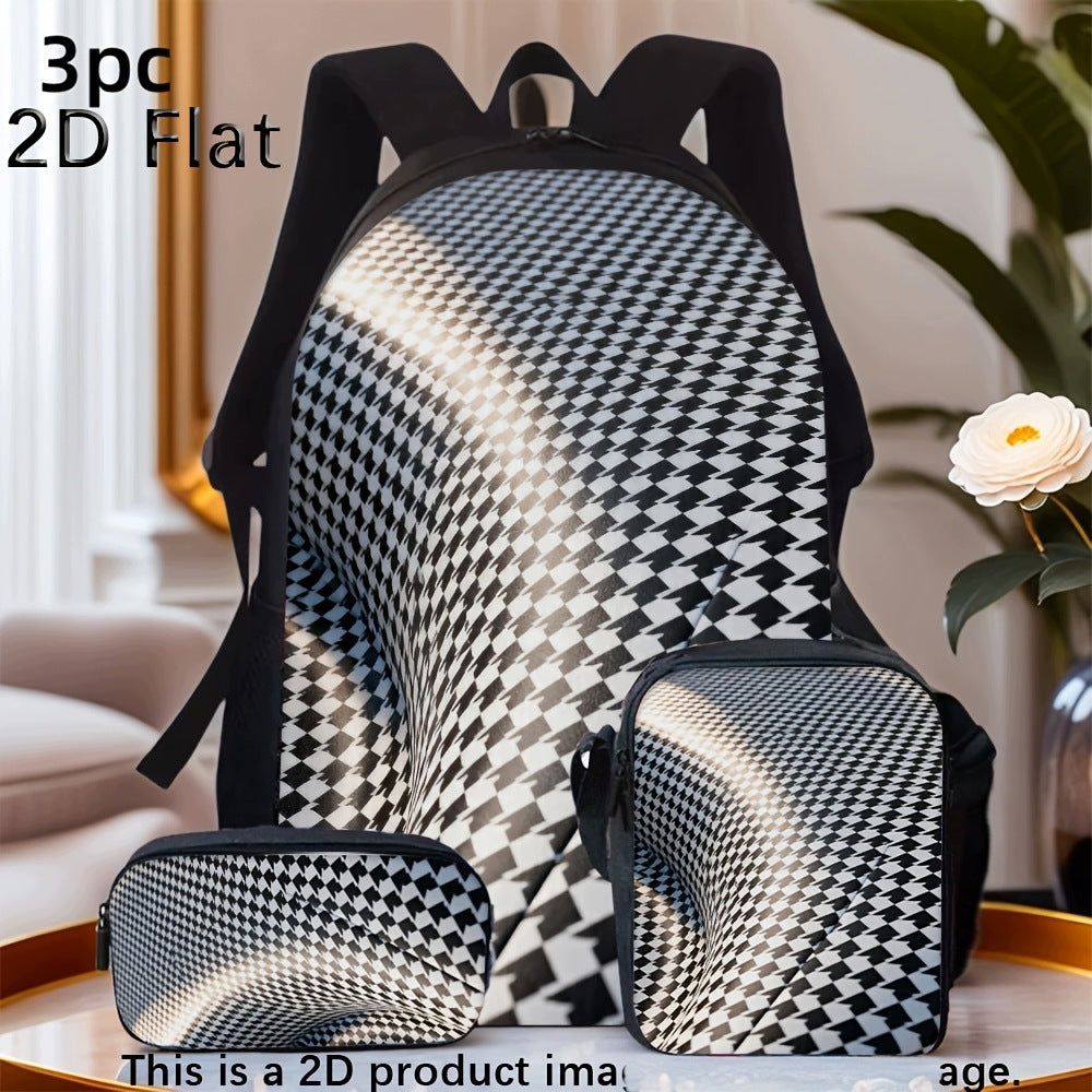 Optical Illusion Checkerboard Print 3-Piece Backpack Set - Lightweight with Zipper