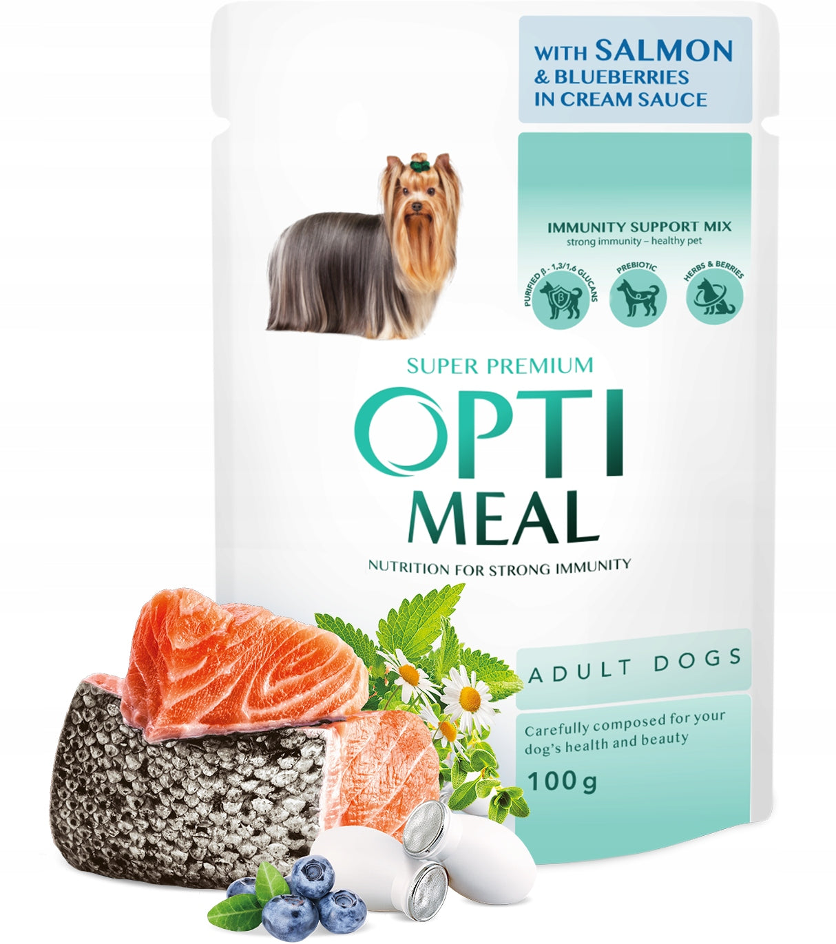 Optimeal Adult Dog Wet Food Salmon & Blueberries 12x100g Packaging status original